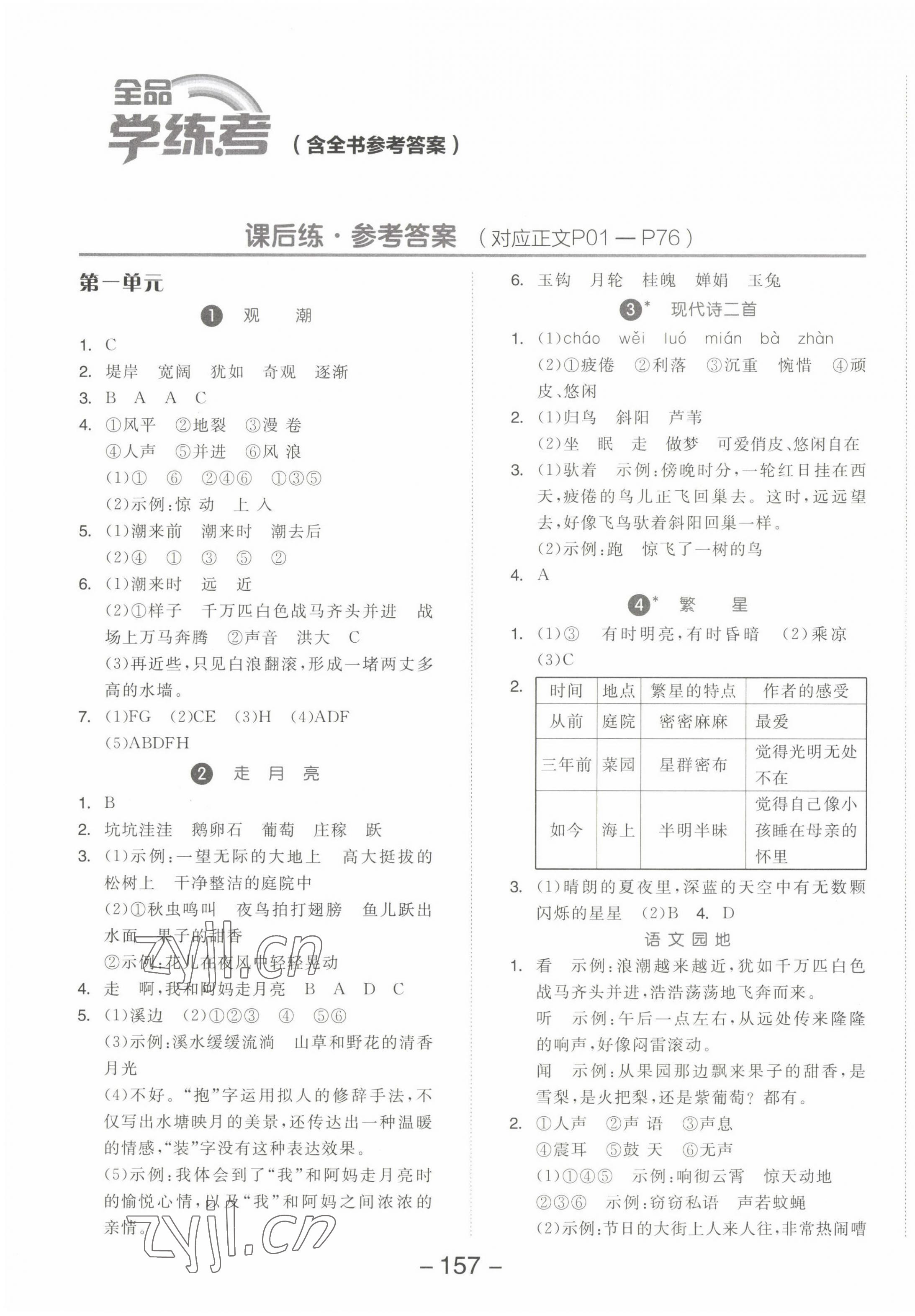 2022年全品學(xué)練考四年級(jí)語文上冊(cè)人教版江蘇專版 參考答案第1頁