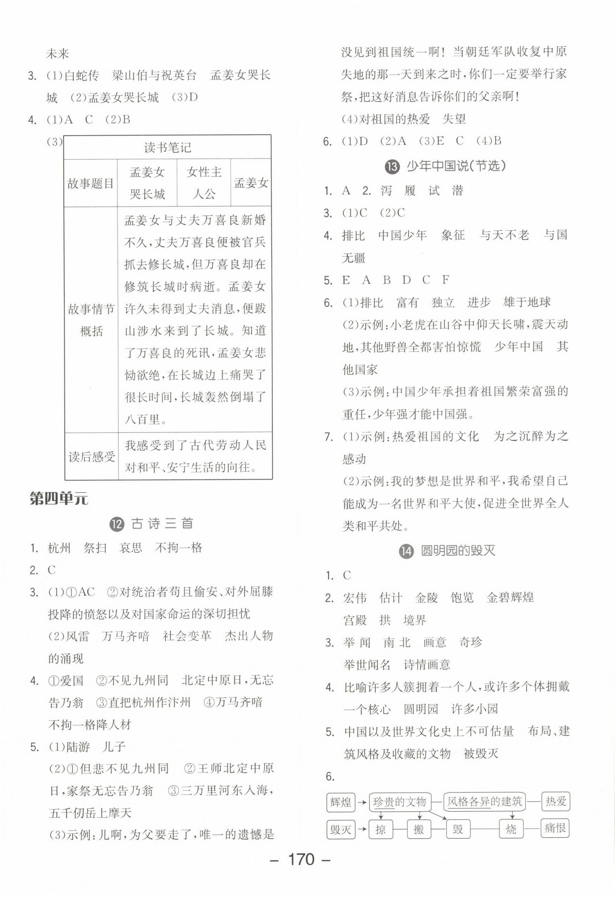 2022年全品学练考五年级语文上册人教版江苏专版 参考答案第6页