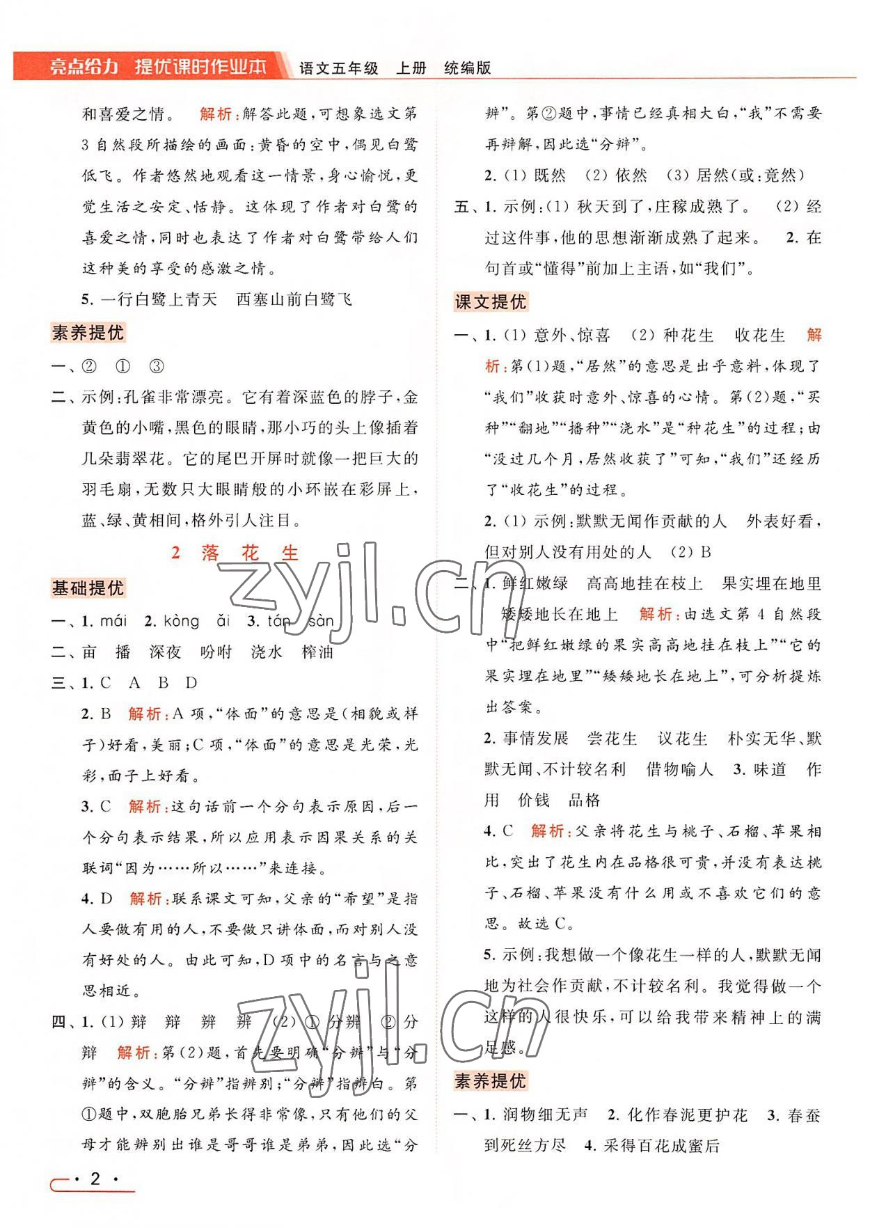 2022年亮點(diǎn)給力提優(yōu)課時(shí)作業(yè)本五年級語文上冊統(tǒng)編版 參考答案第2頁