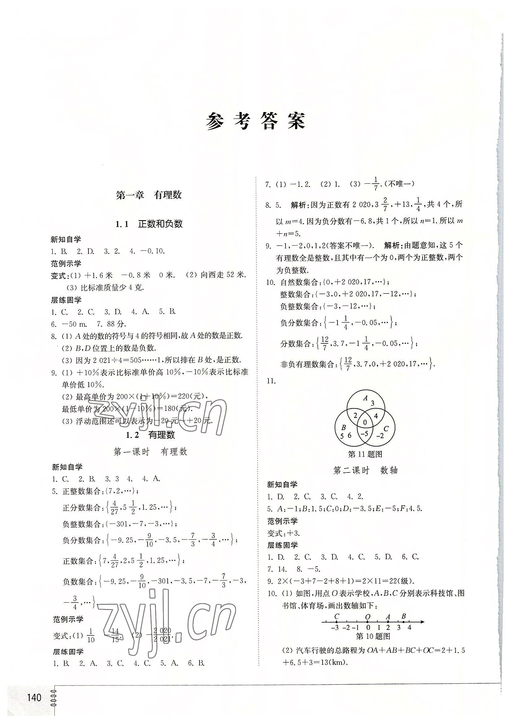 2022年同步練習(xí)冊山東教育出版社七年級數(shù)學(xué)上冊人教版 參考答案第1頁