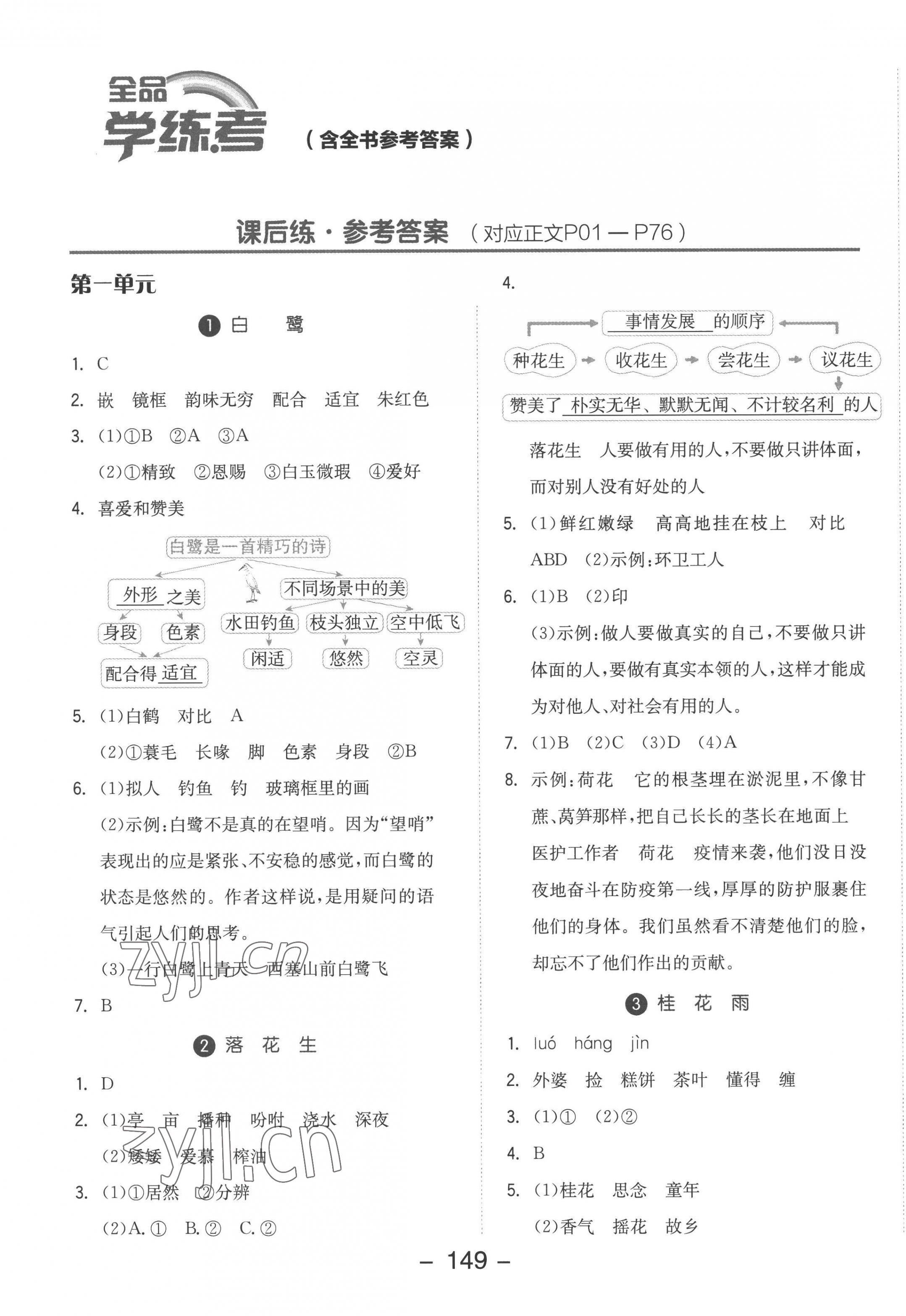 2022年全品学练考五年级语文上册人教版 参考答案第1页