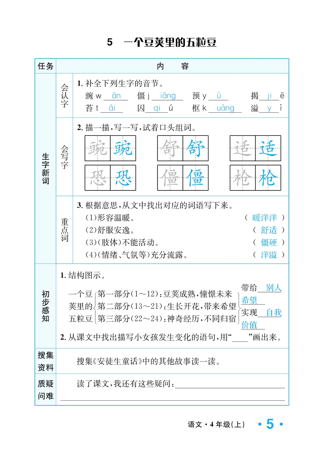 2022年一課3練培優(yōu)作業(yè)本四年級語文上冊人教版福建專版 參考答案第5頁