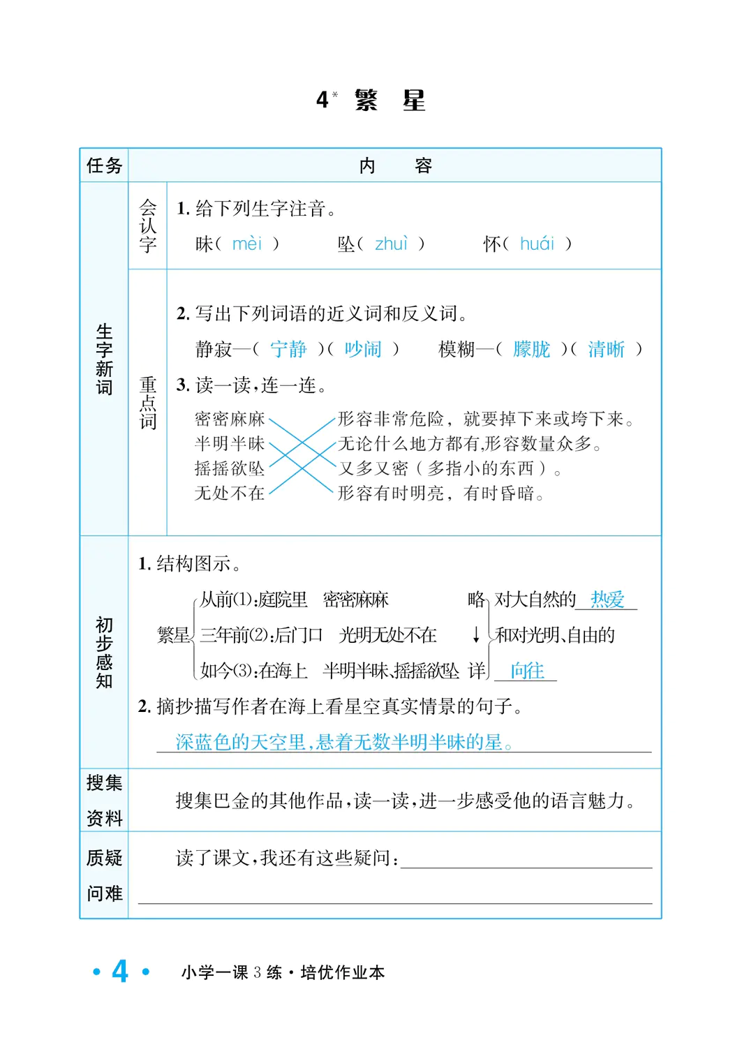 2022年一課3練培優(yōu)作業(yè)本四年級語文上冊人教版福建專版 參考答案第4頁