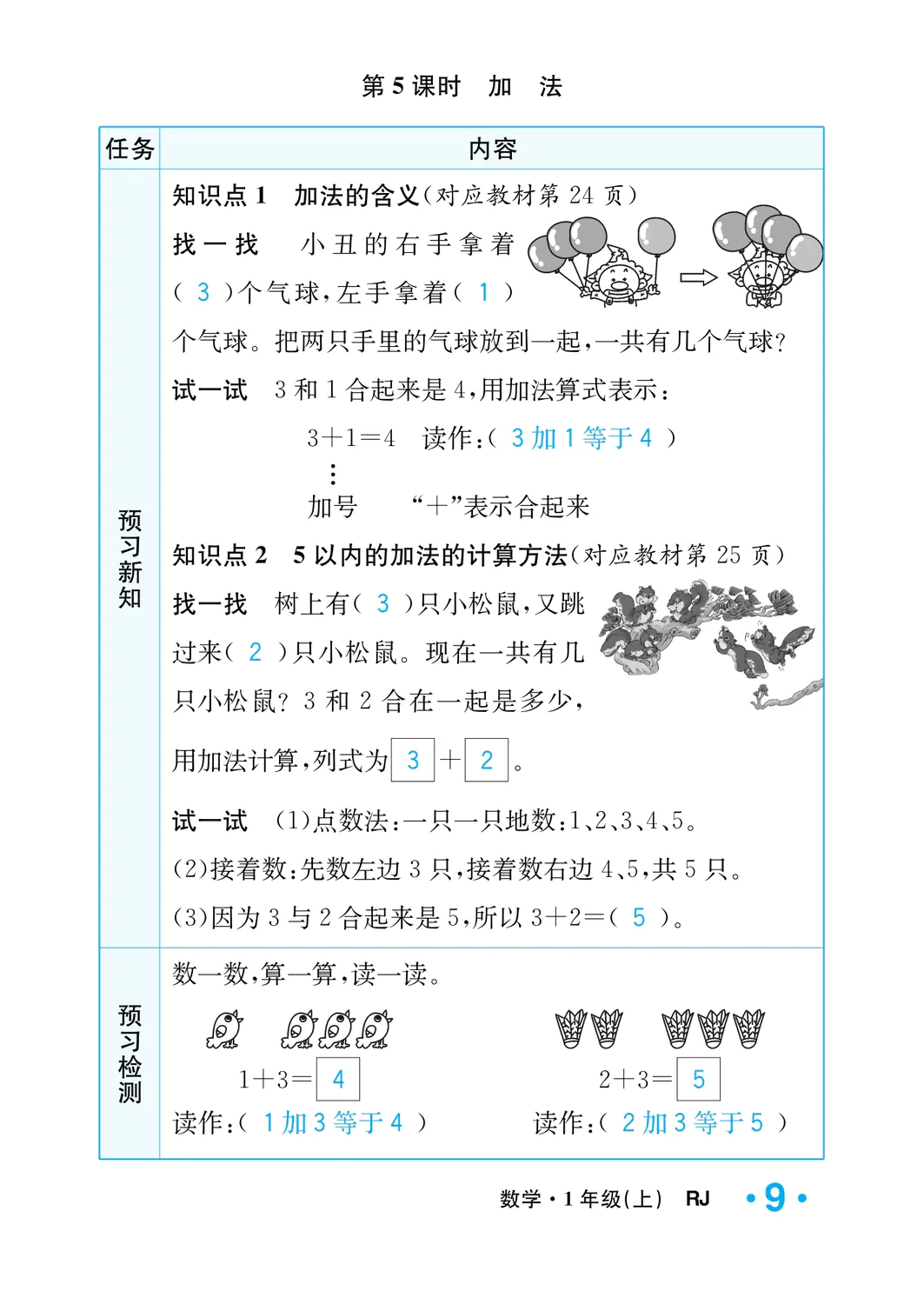 2022年一課3練培優(yōu)作業(yè)本一年級數(shù)學(xué)上冊人教版福建專版 參考答案第9頁