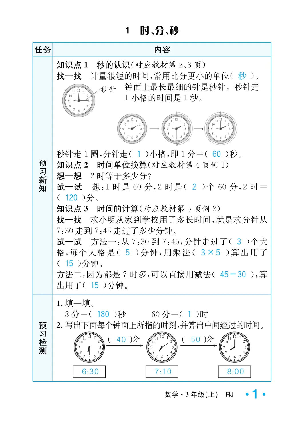 2022年一課3練培優(yōu)作業(yè)本三年級(jí)數(shù)學(xué)上冊(cè)人教版福建專版 參考答案第1頁(yè)