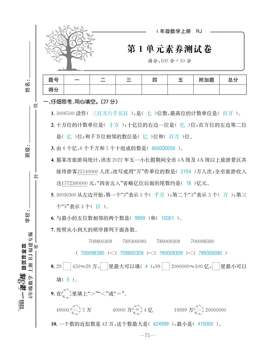 2022年一課3練培優(yōu)作業(yè)本四年級數(shù)學(xué)上冊人教版福建專版 第1頁