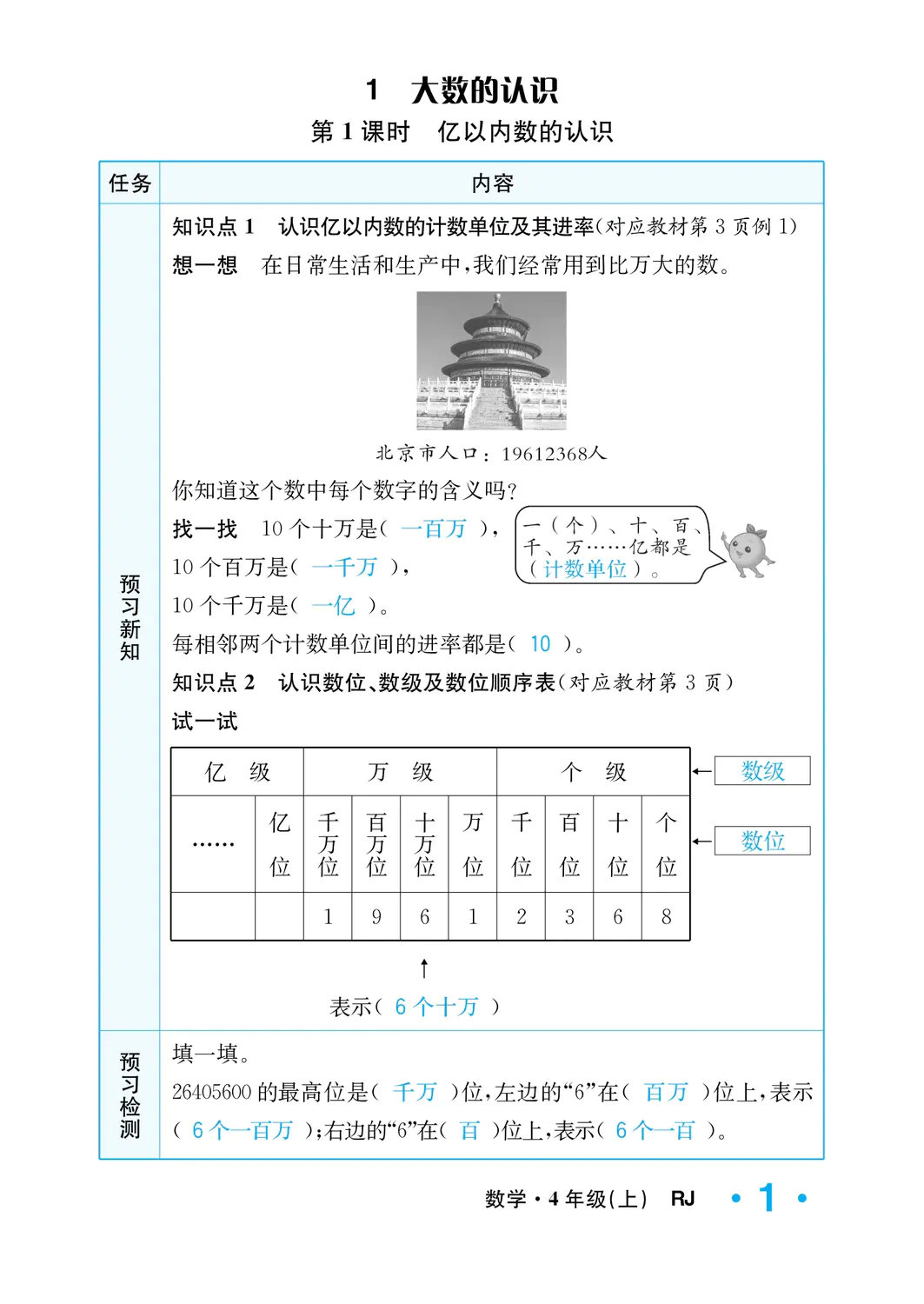 2022年一課3練培優(yōu)作業(yè)本四年級數學上冊人教版福建專版 參考答案第1頁