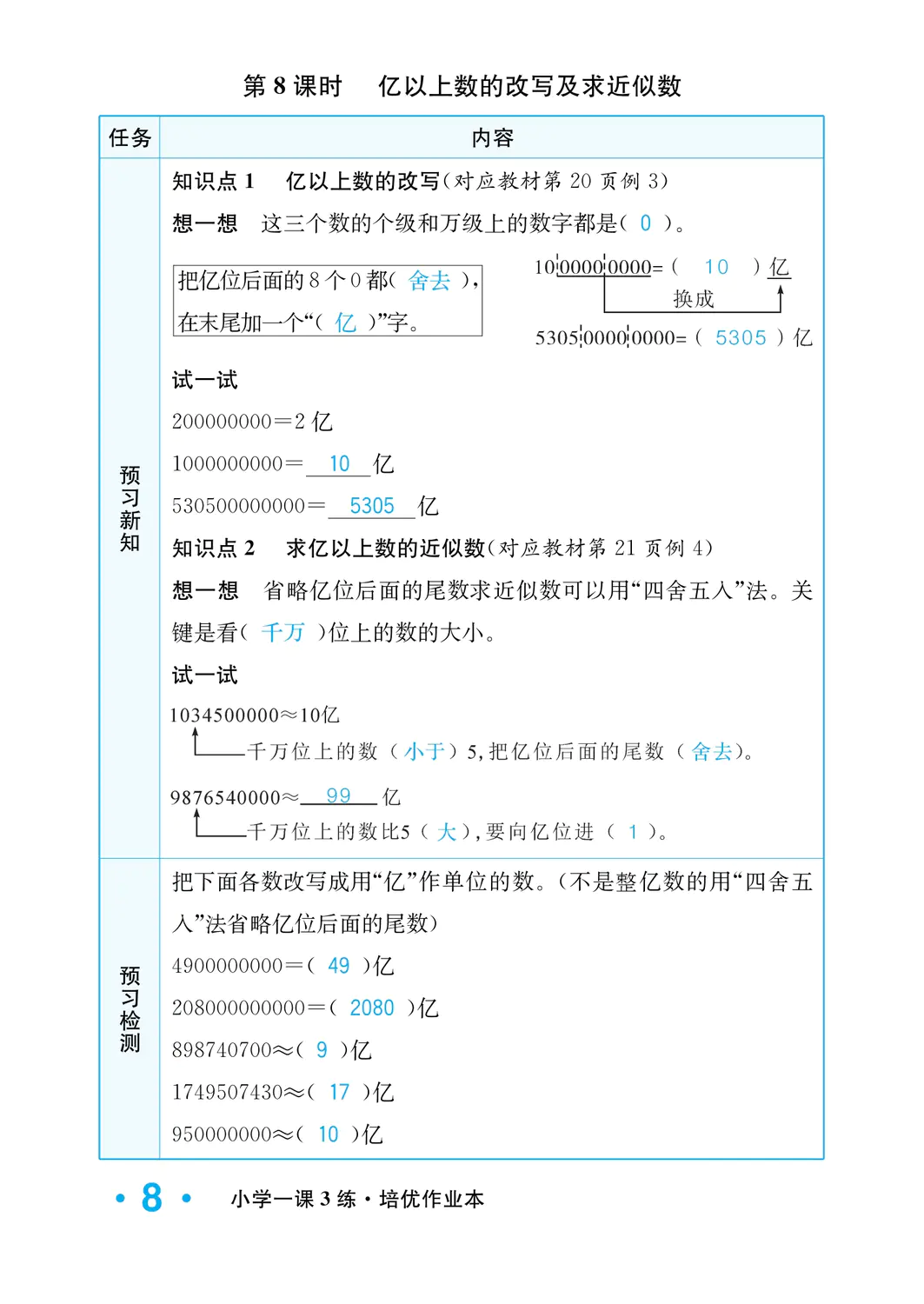 2022年一課3練培優(yōu)作業(yè)本四年級數(shù)學上冊人教版福建專版 參考答案第8頁