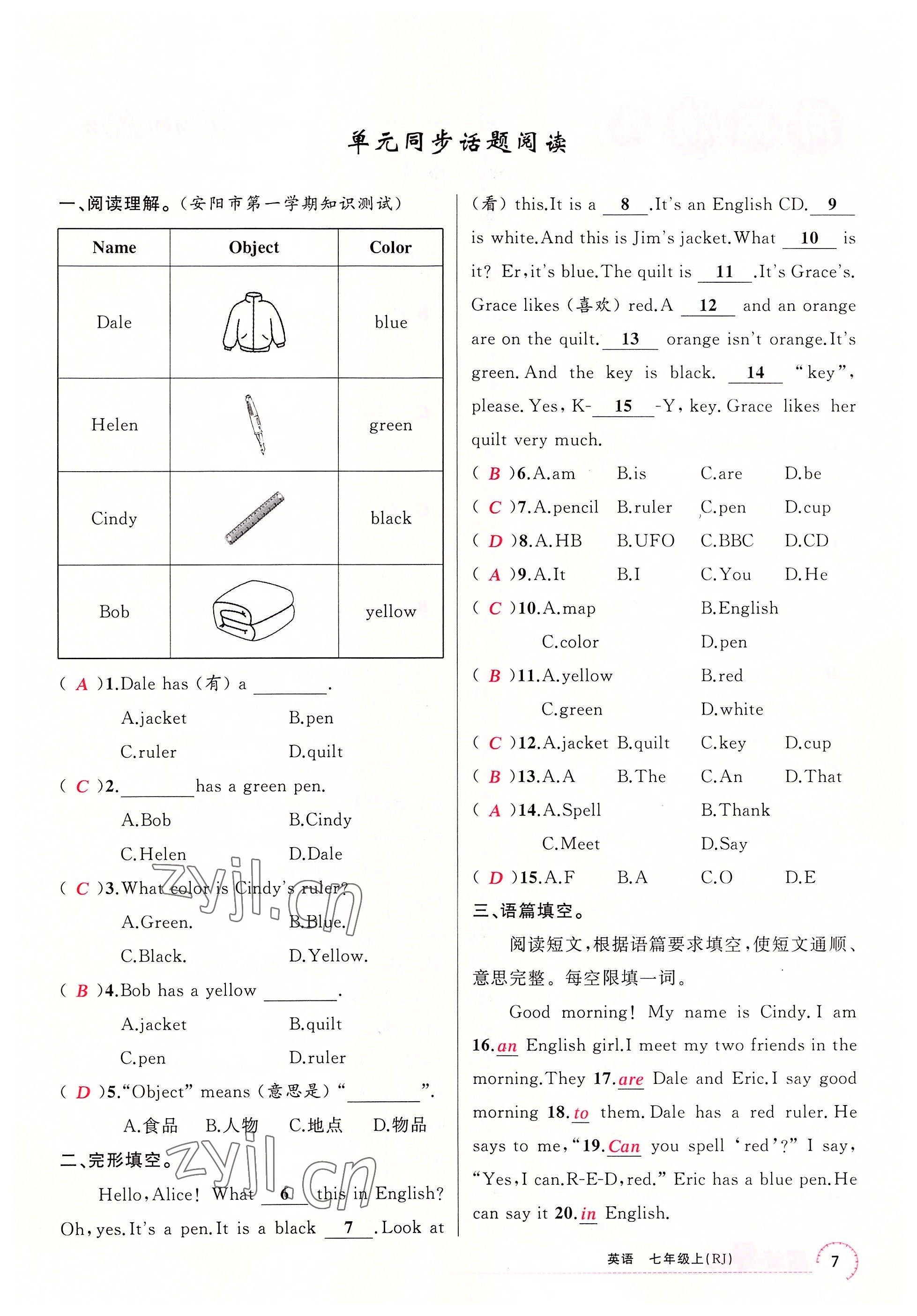 2022年四清導(dǎo)航七年級英語上冊人教版河南專版 參考答案第13頁