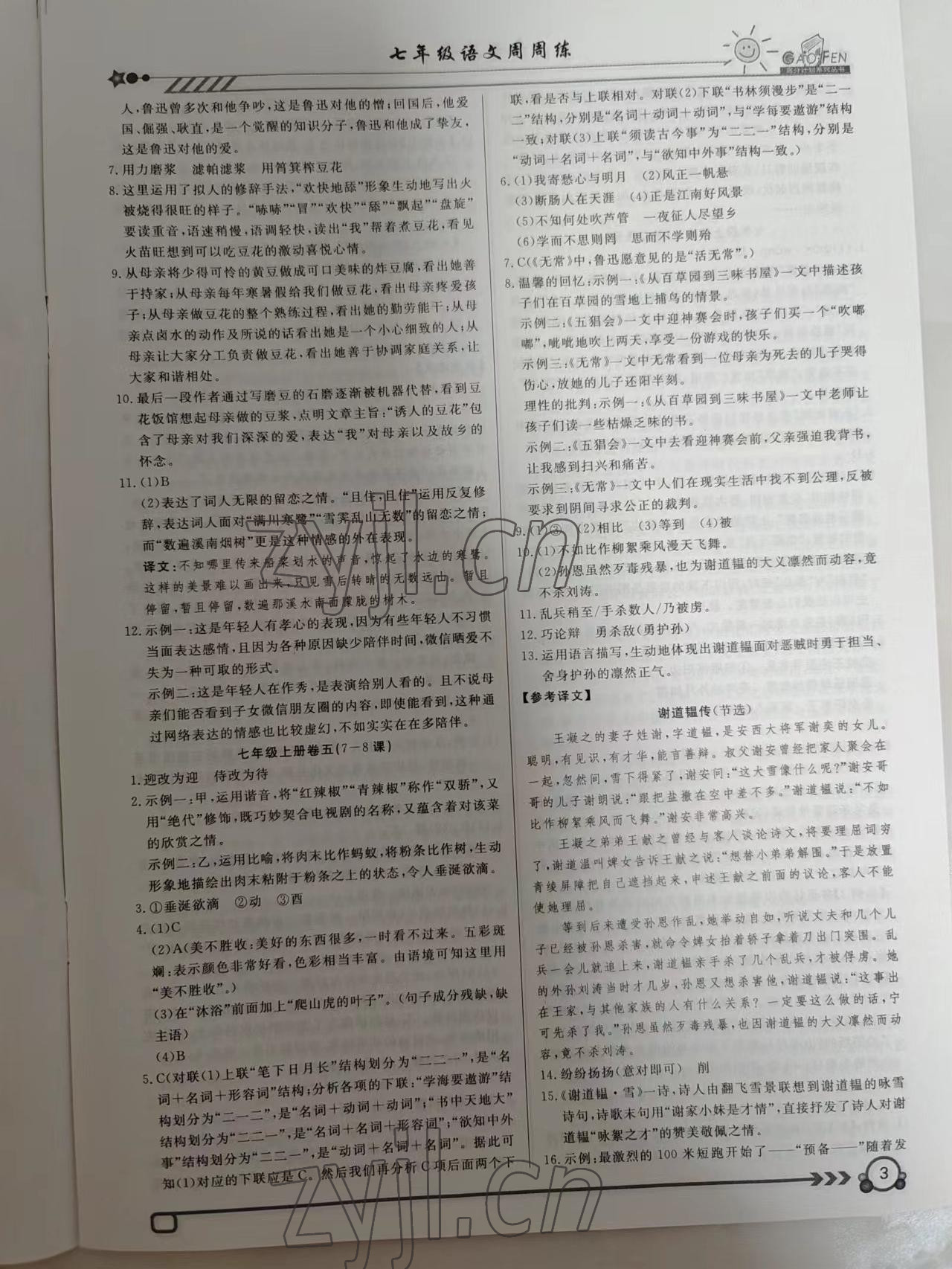 2022年高分計(jì)劃周周練七年級(jí)語(yǔ)文上冊(cè) 參考答案第3頁(yè)