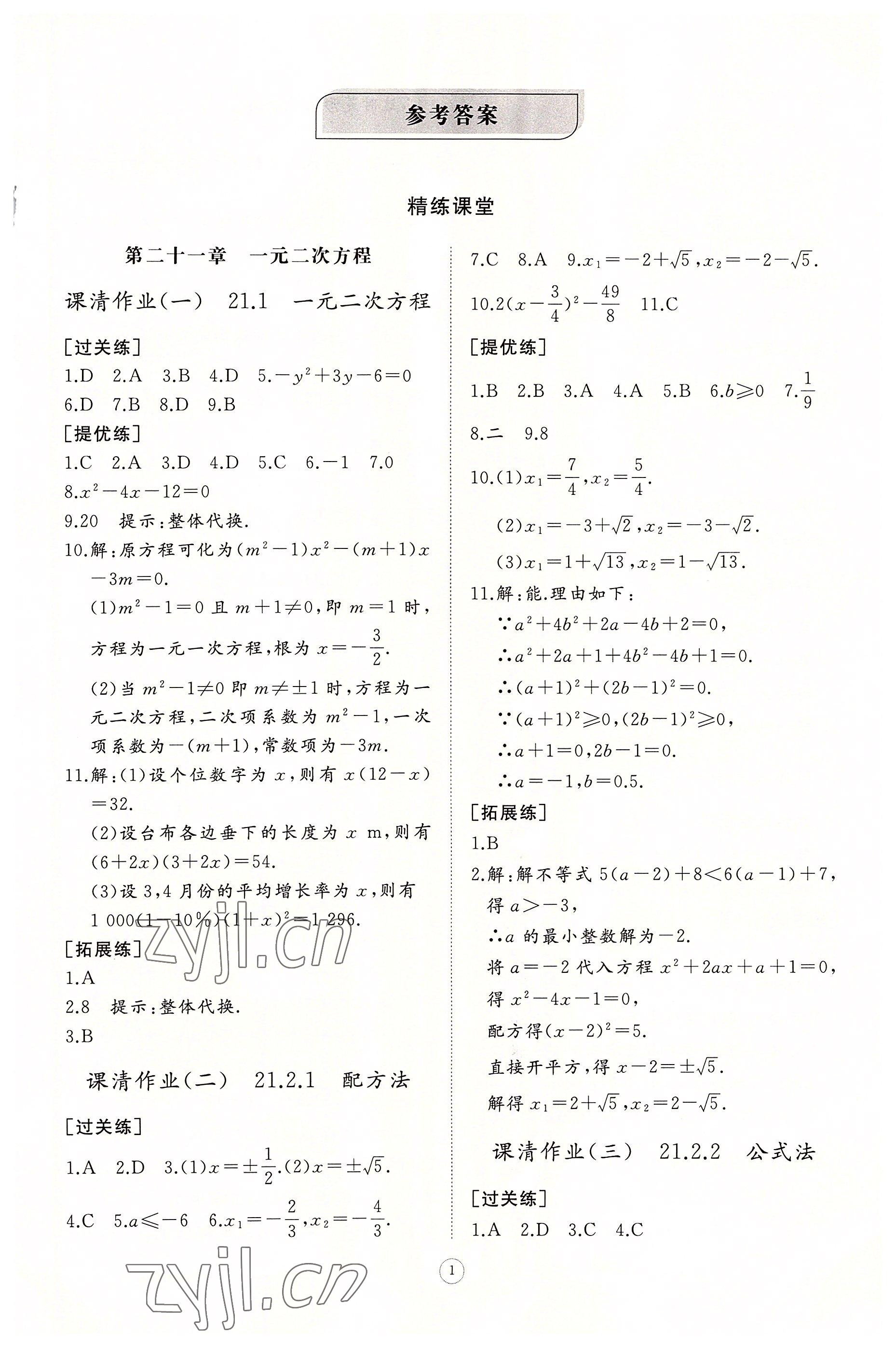 2022年同步练习册智慧作业九年级数学上册人教版 参考答案第1页