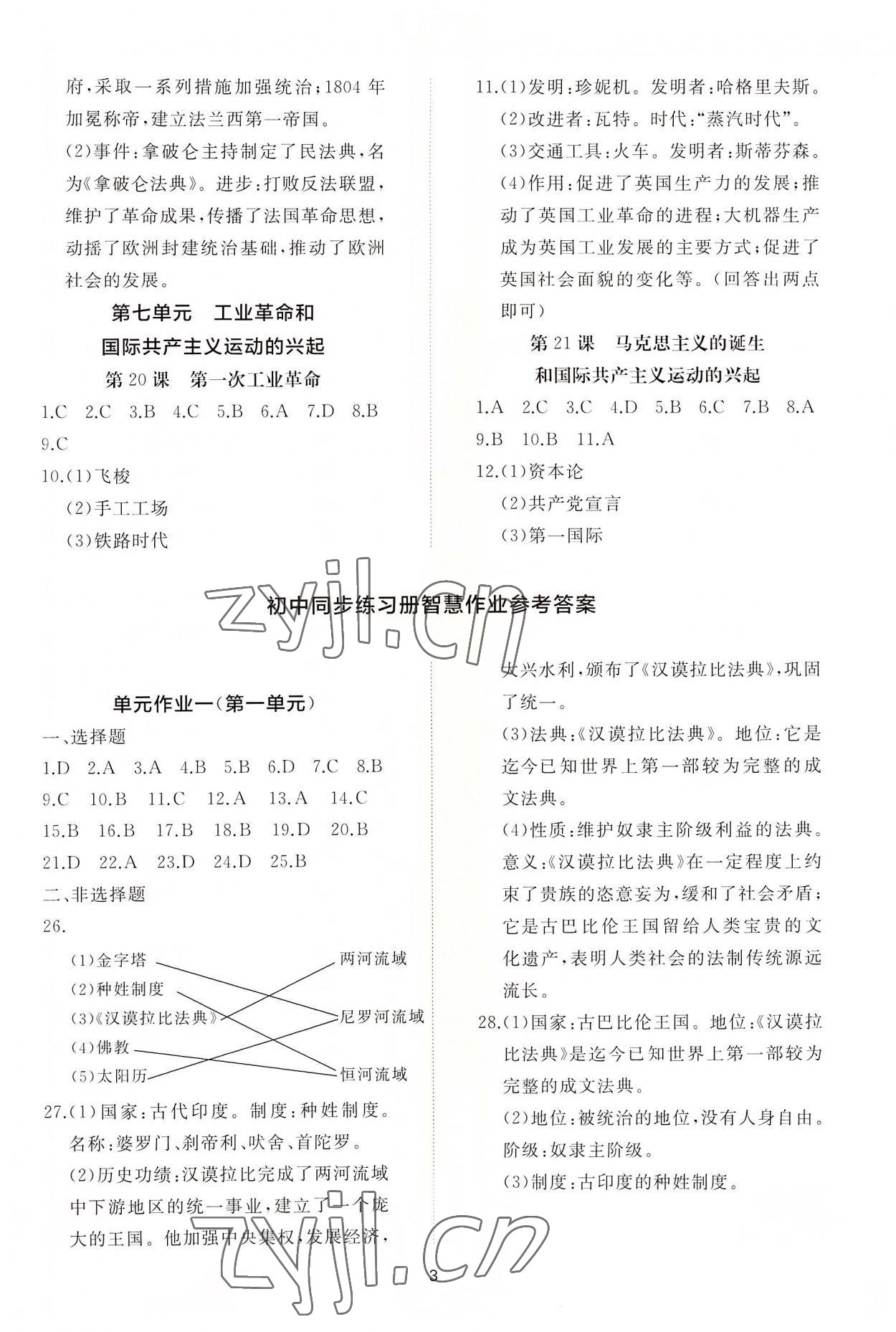 2022年同步練習(xí)冊(cè)智慧作業(yè)九年級(jí)歷史上冊(cè)人教版 參考答案第3頁(yè)