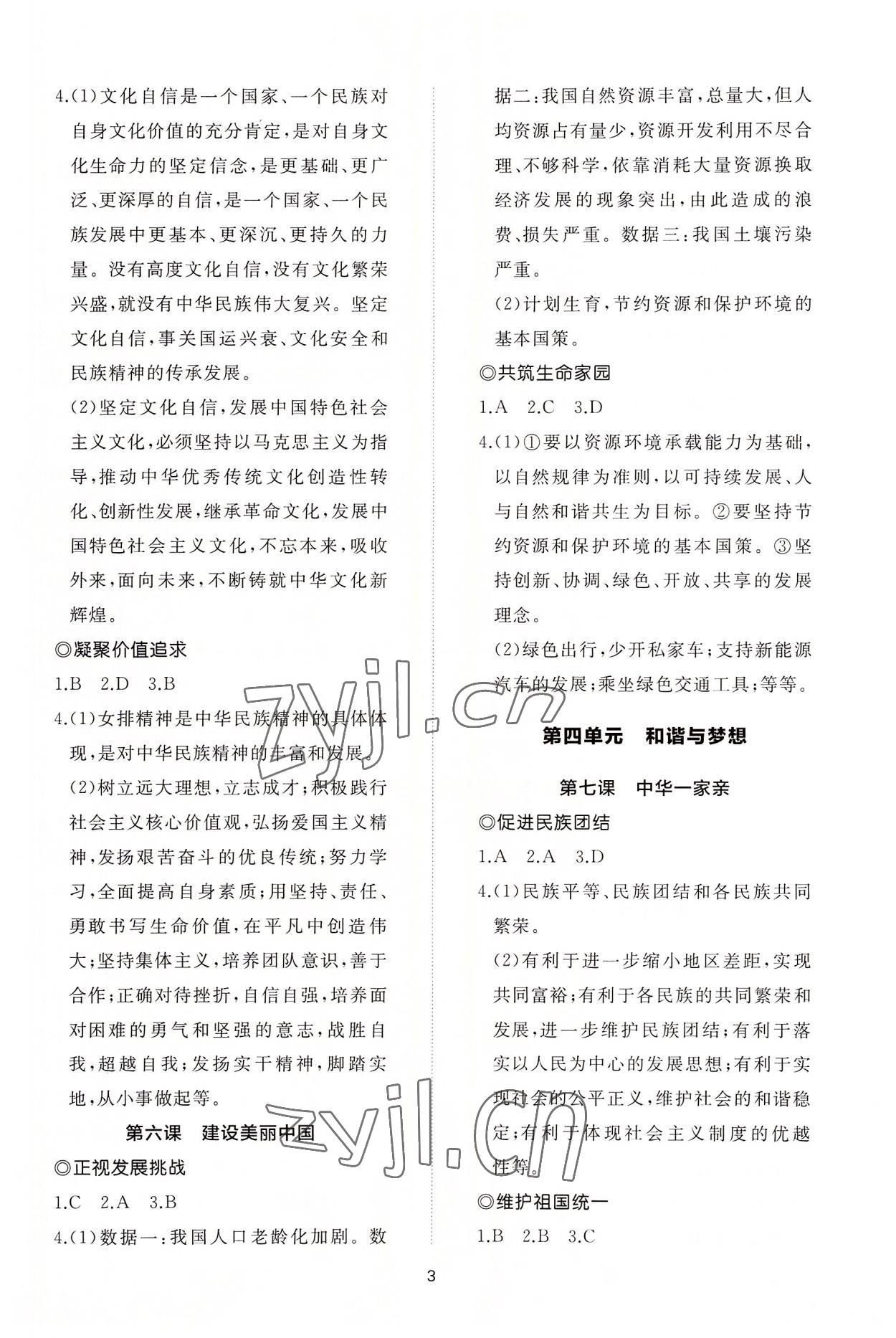 2022年同步练习册智慧作业九年级道德与法治上册人教版 参考答案第3页