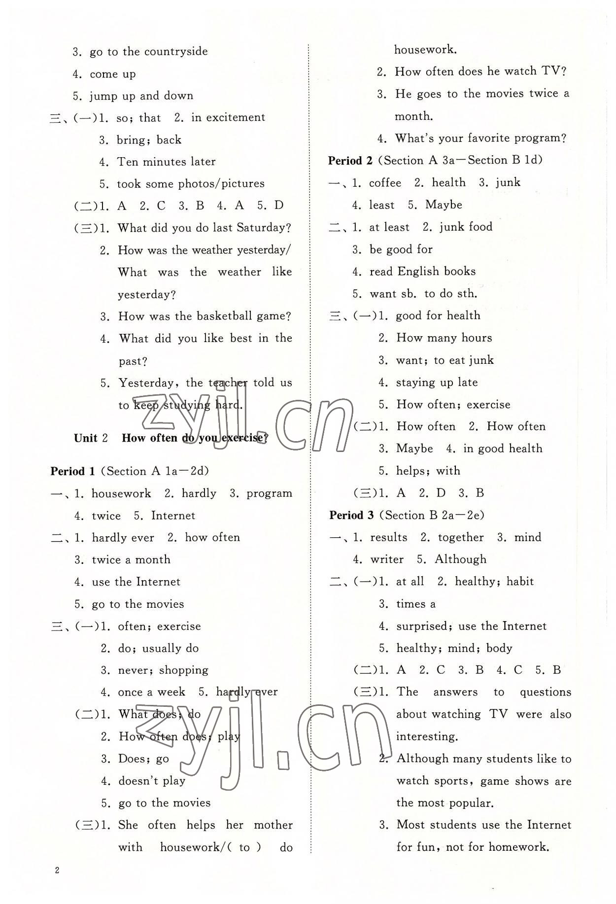 2022年同步練習(xí)冊(cè)智慧作業(yè)八年級(jí)英語(yǔ)上冊(cè)人教版 參考答案第2頁(yè)