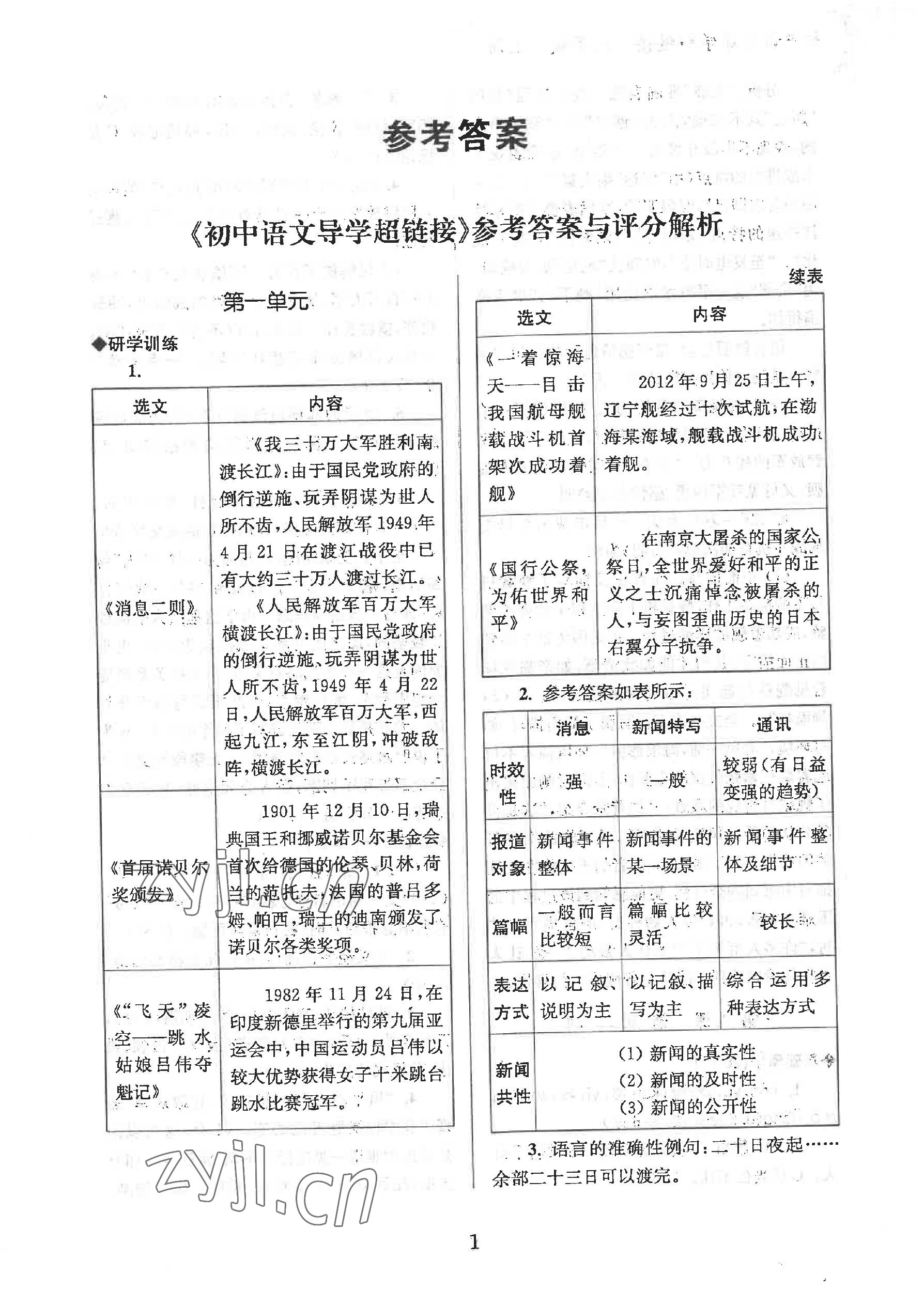 2022年導學超鏈接八年級語文上冊人教版 參考答案第1頁