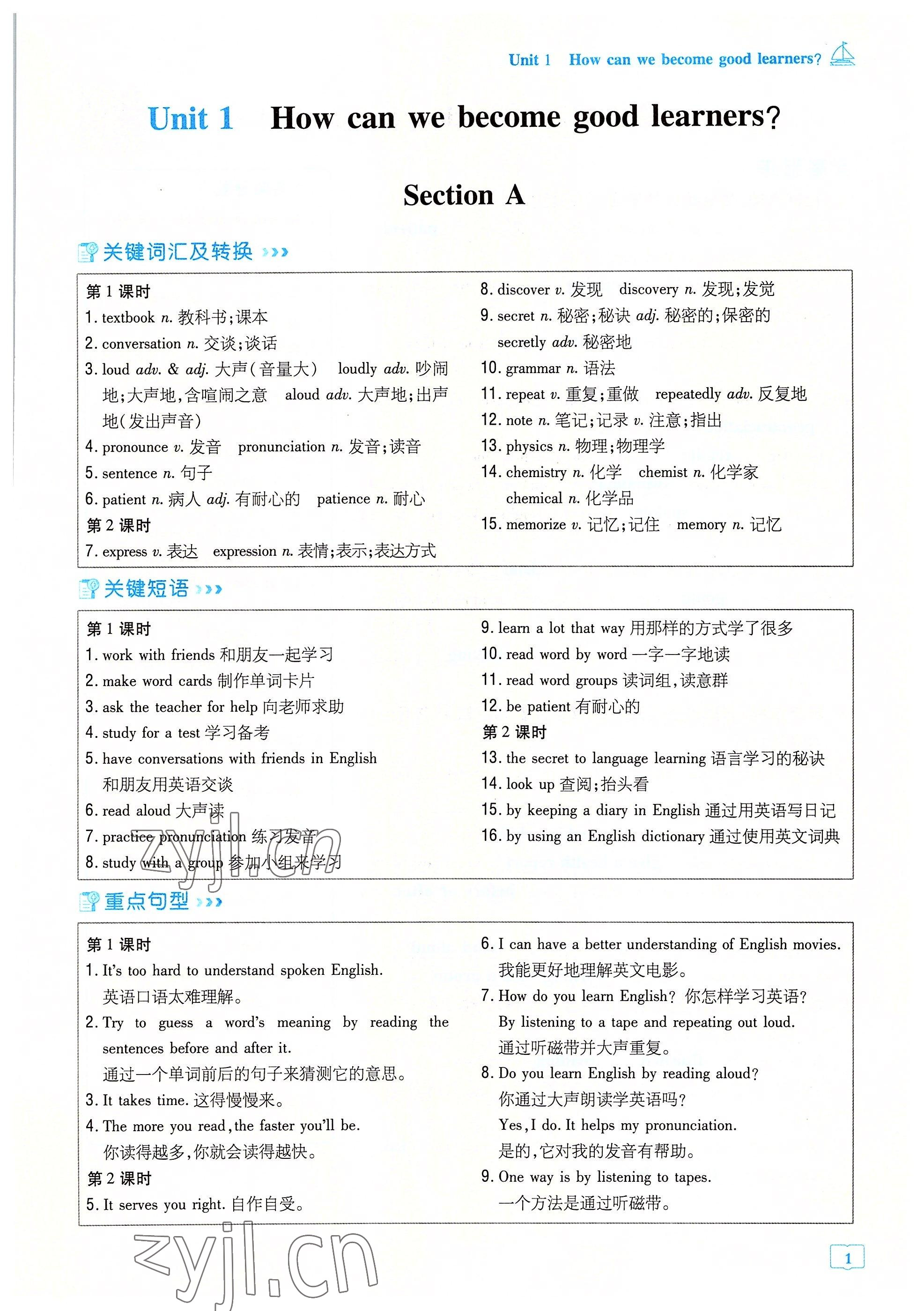 2022年導(dǎo)與練九年級英語全一冊人教版貴陽專版 參考答案第1頁