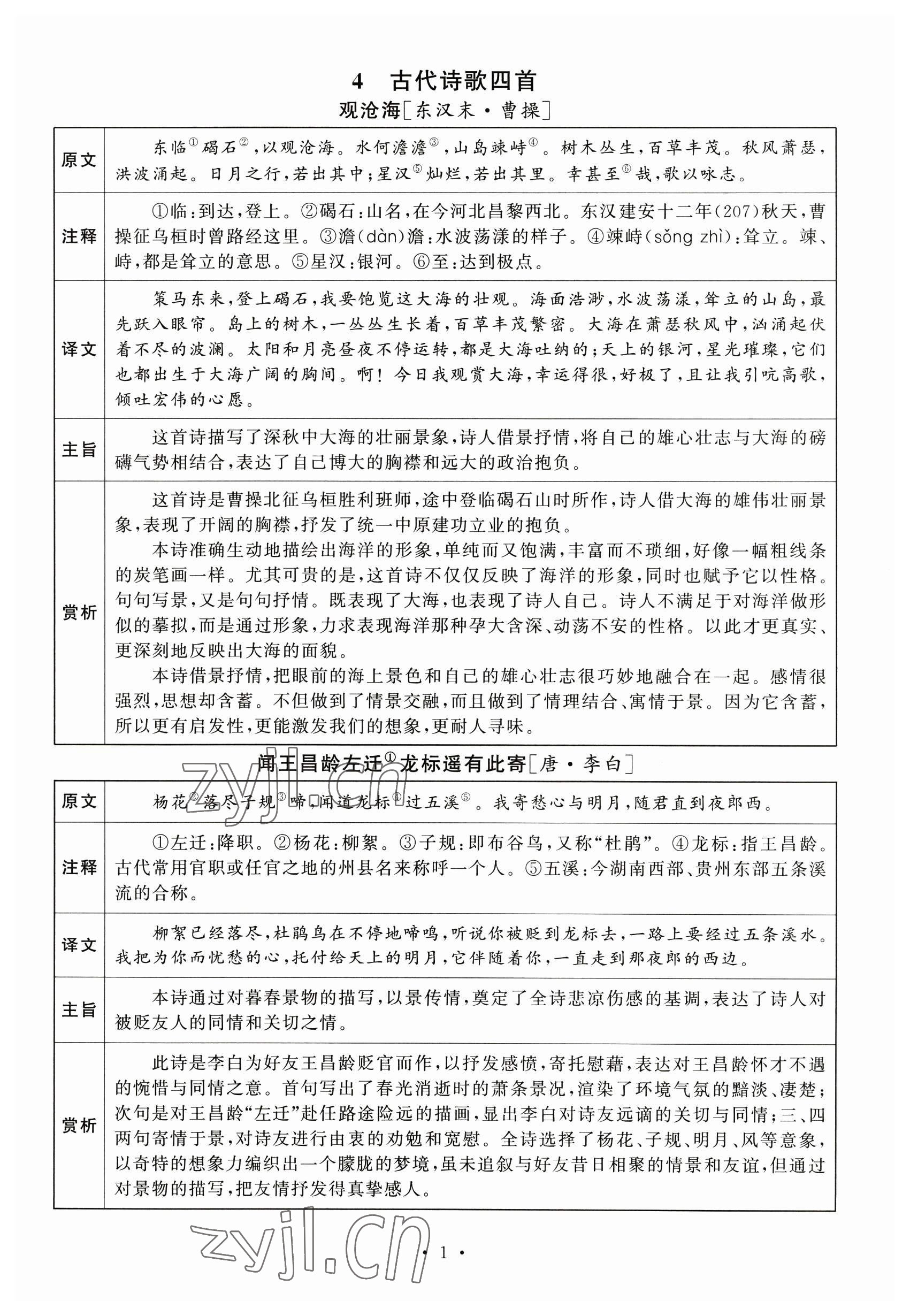 2022年黃岡100分闖關七年級語文上冊人教版 參考答案第4頁