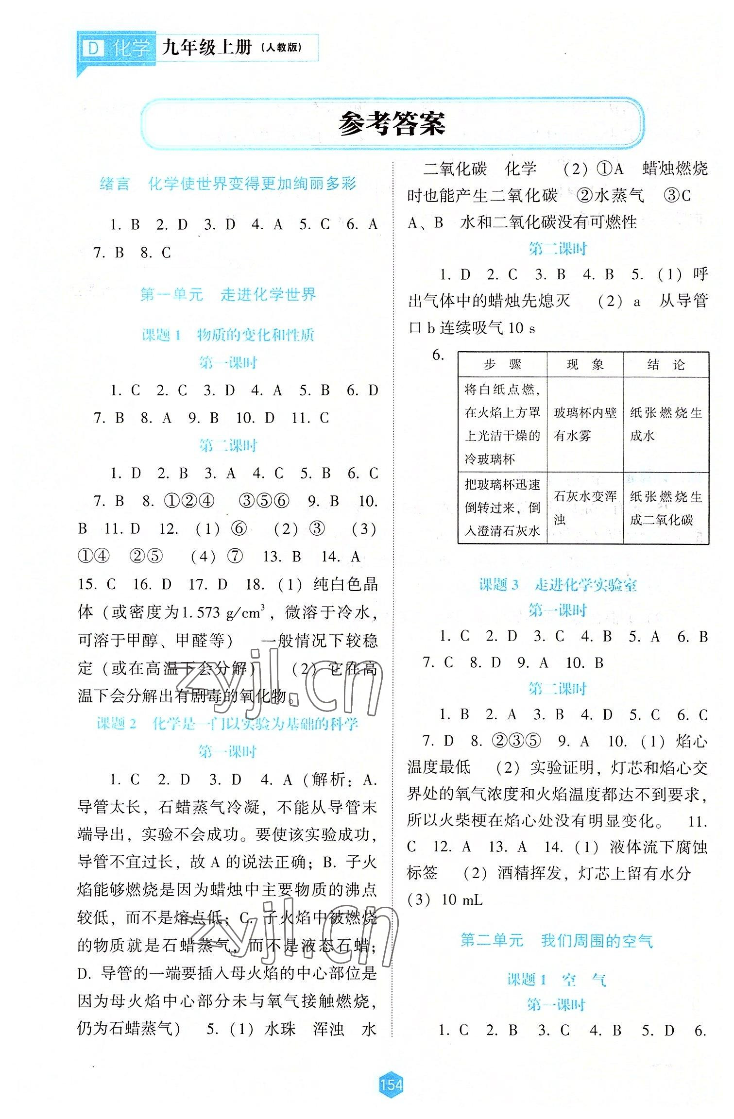 2022年新課程能力培養(yǎng)九年級化學(xué)上冊人教版大連專版 參考答案第1頁