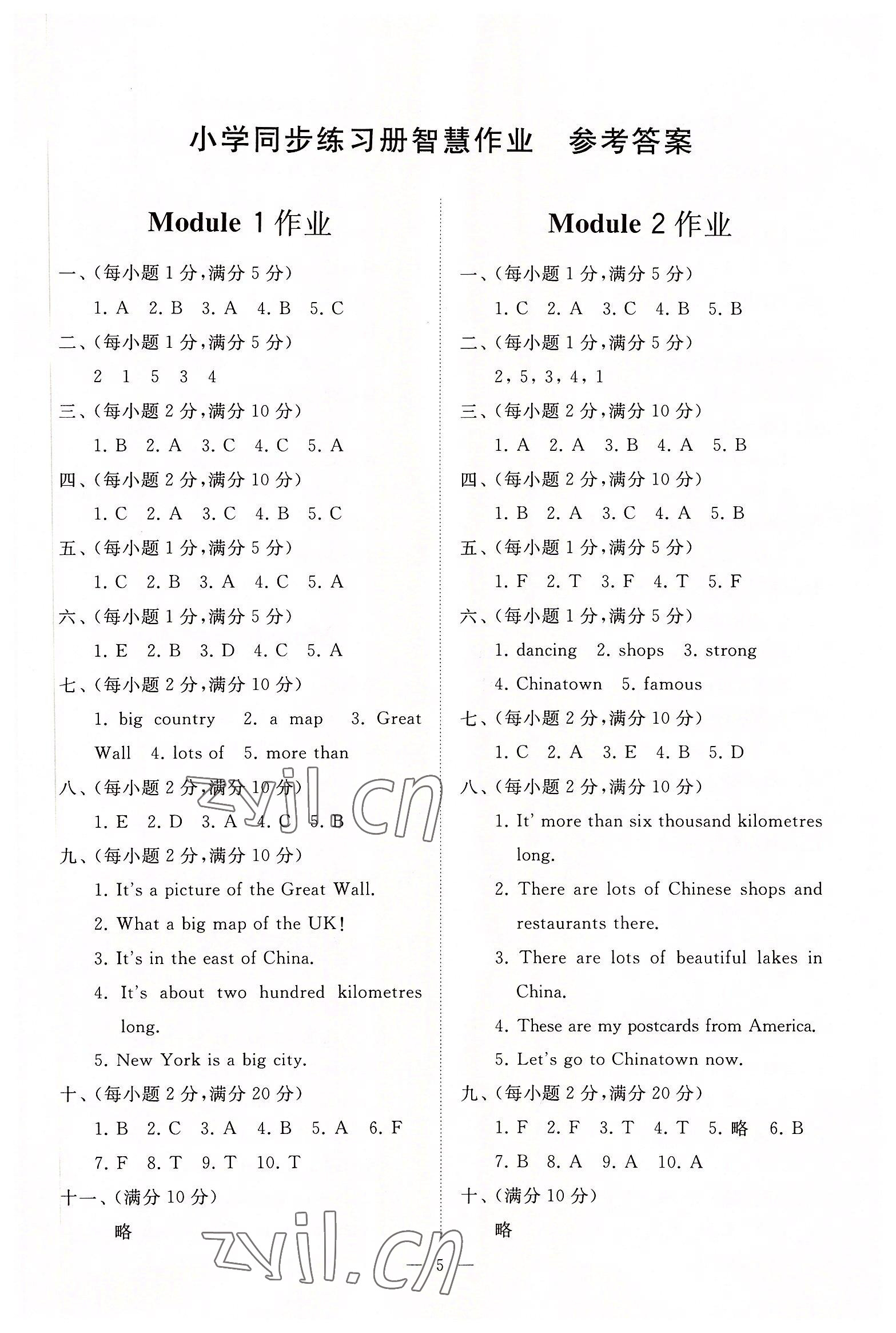 2022年同步練習(xí)冊智慧作業(yè)六年級英語上冊人教版 參考答案第5頁