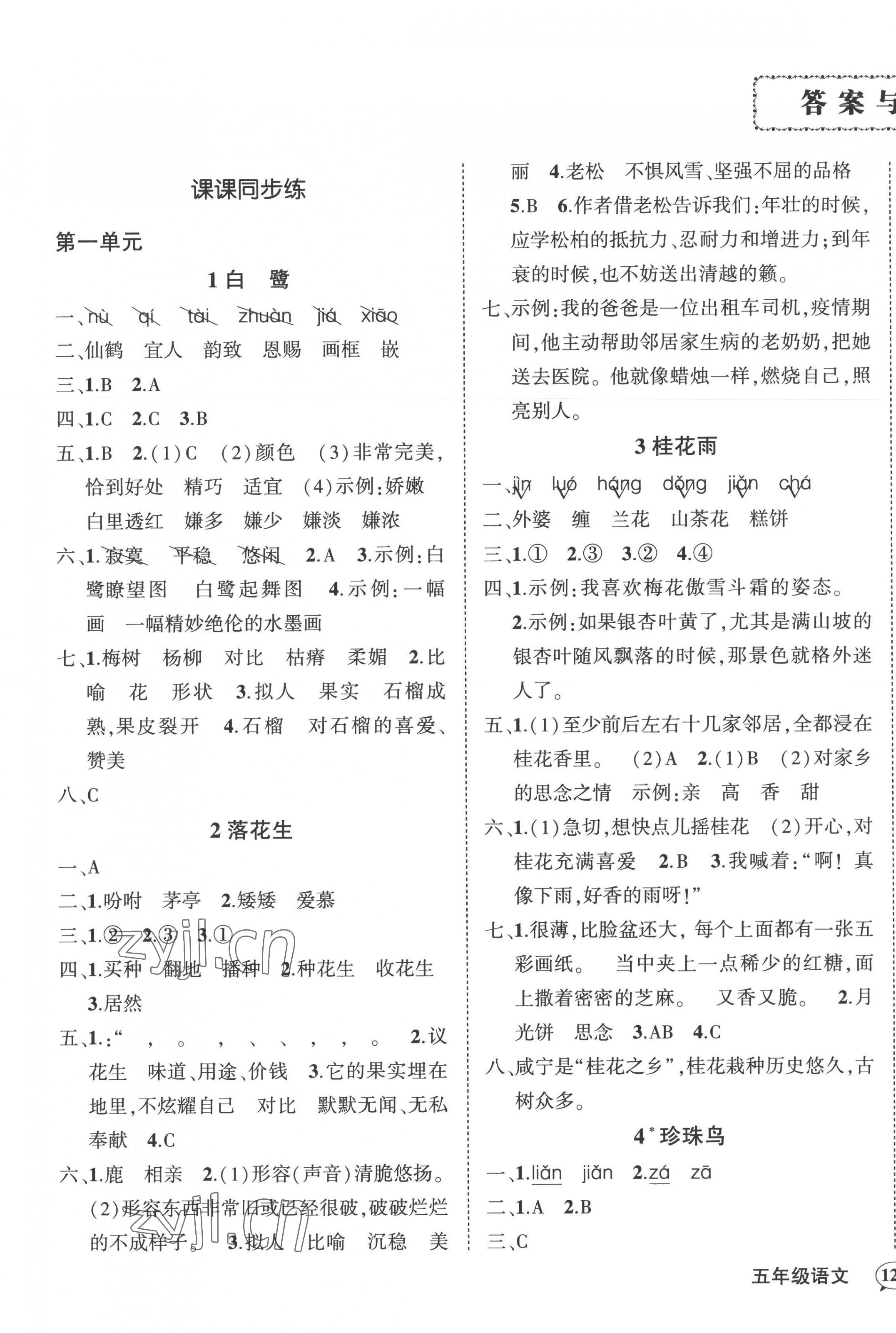 2022年狀元成才路創(chuàng)優(yōu)作業(yè)100分五年級語文上冊人教版湖北專版 參考答案第1頁