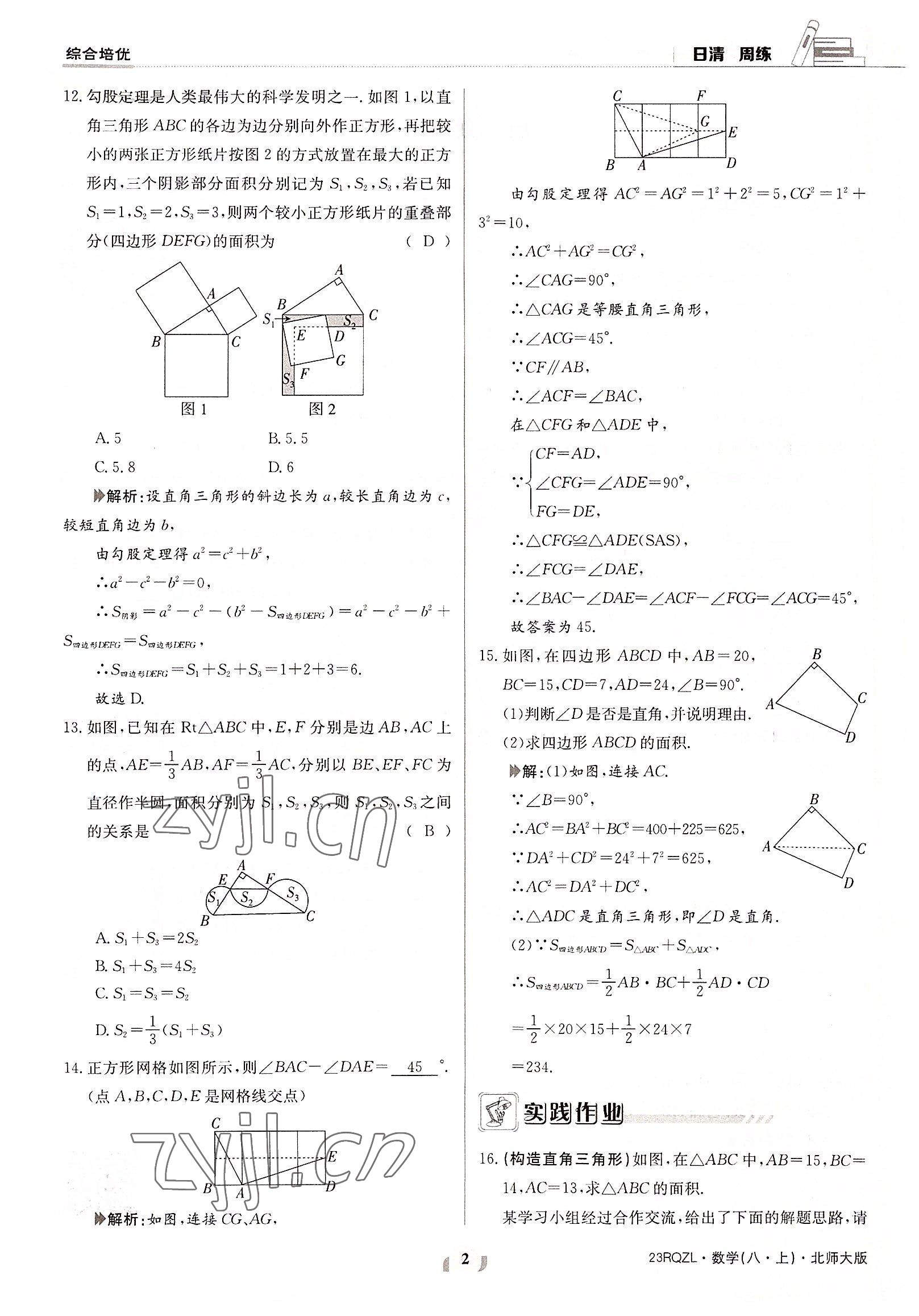 2022年日清周練八年級數(shù)學(xué)上冊北師大版 參考答案第2頁