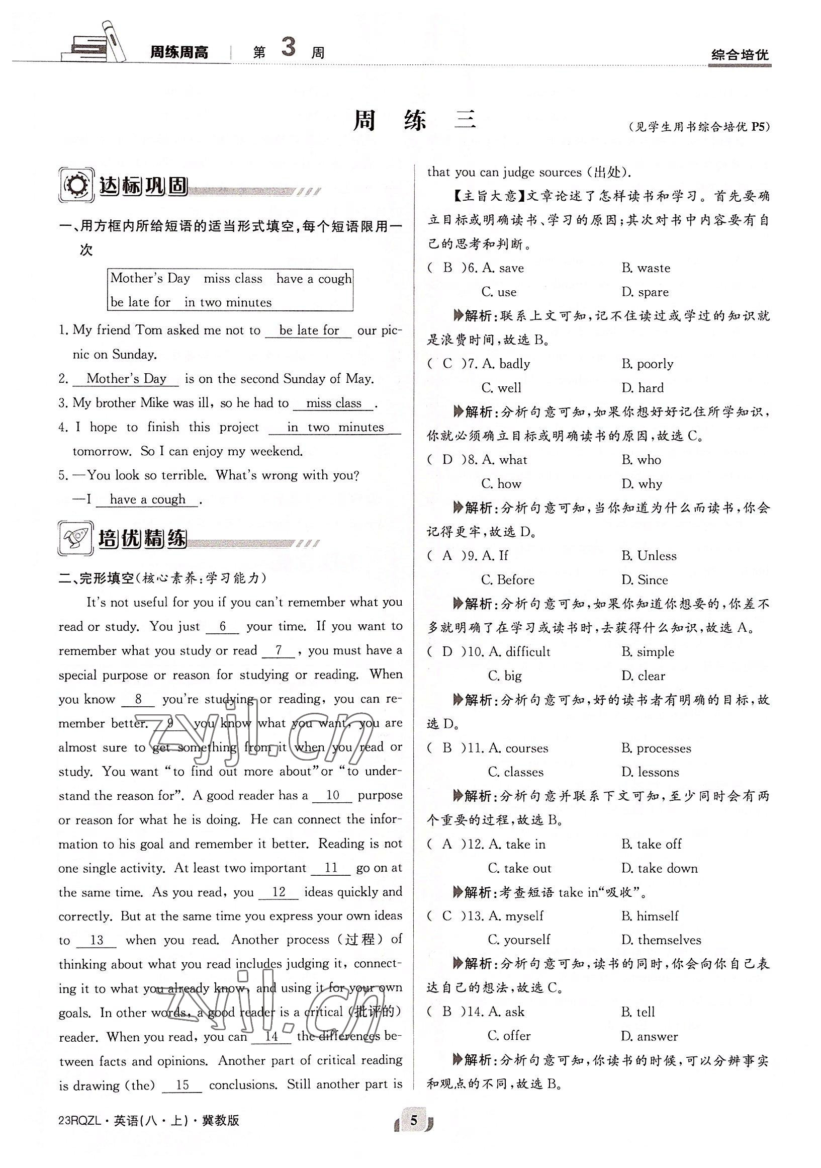 2022年日清周練八年級英語上冊冀教版 參考答案第5頁