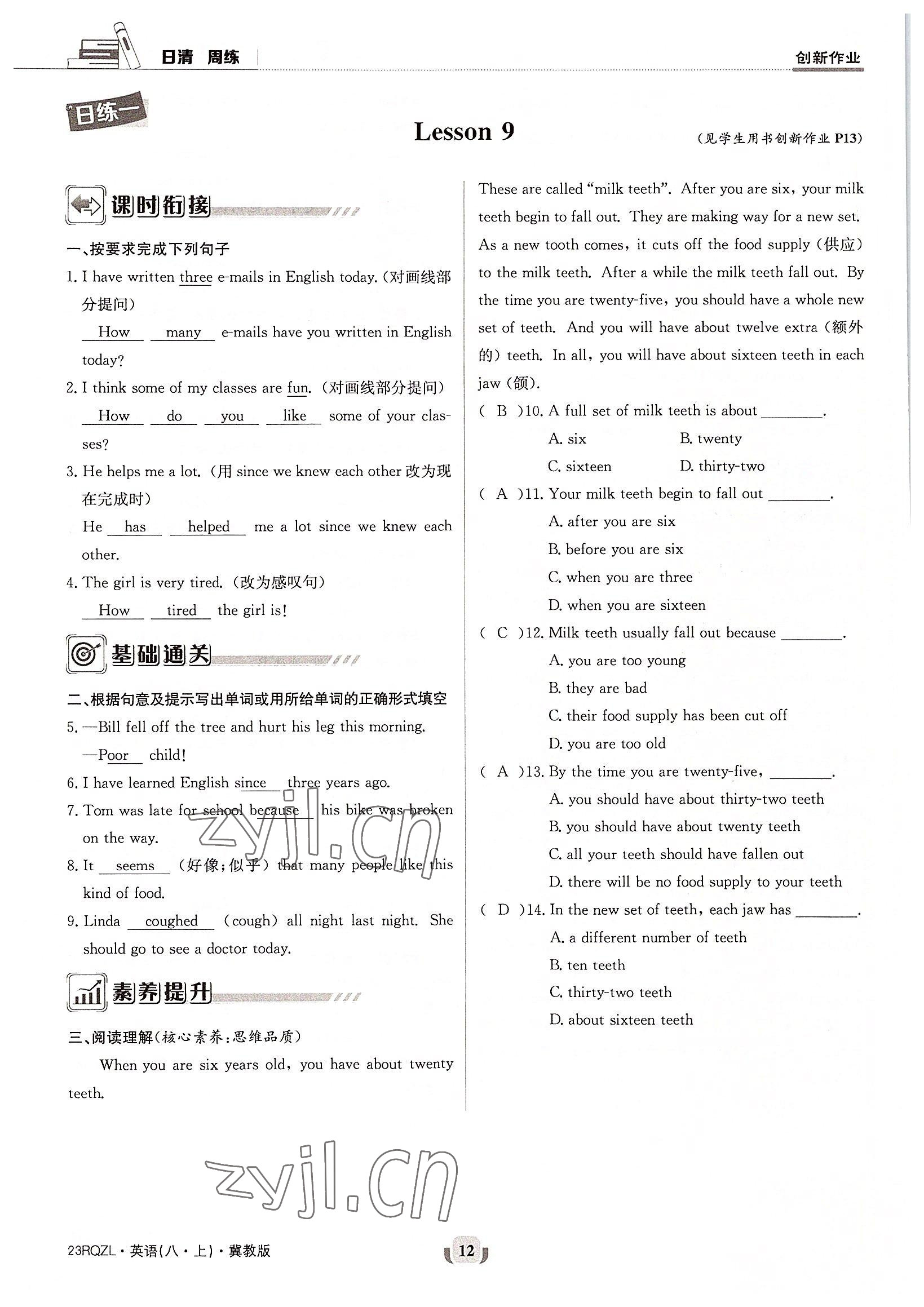 2022年日清周練八年級英語上冊冀教版 參考答案第12頁