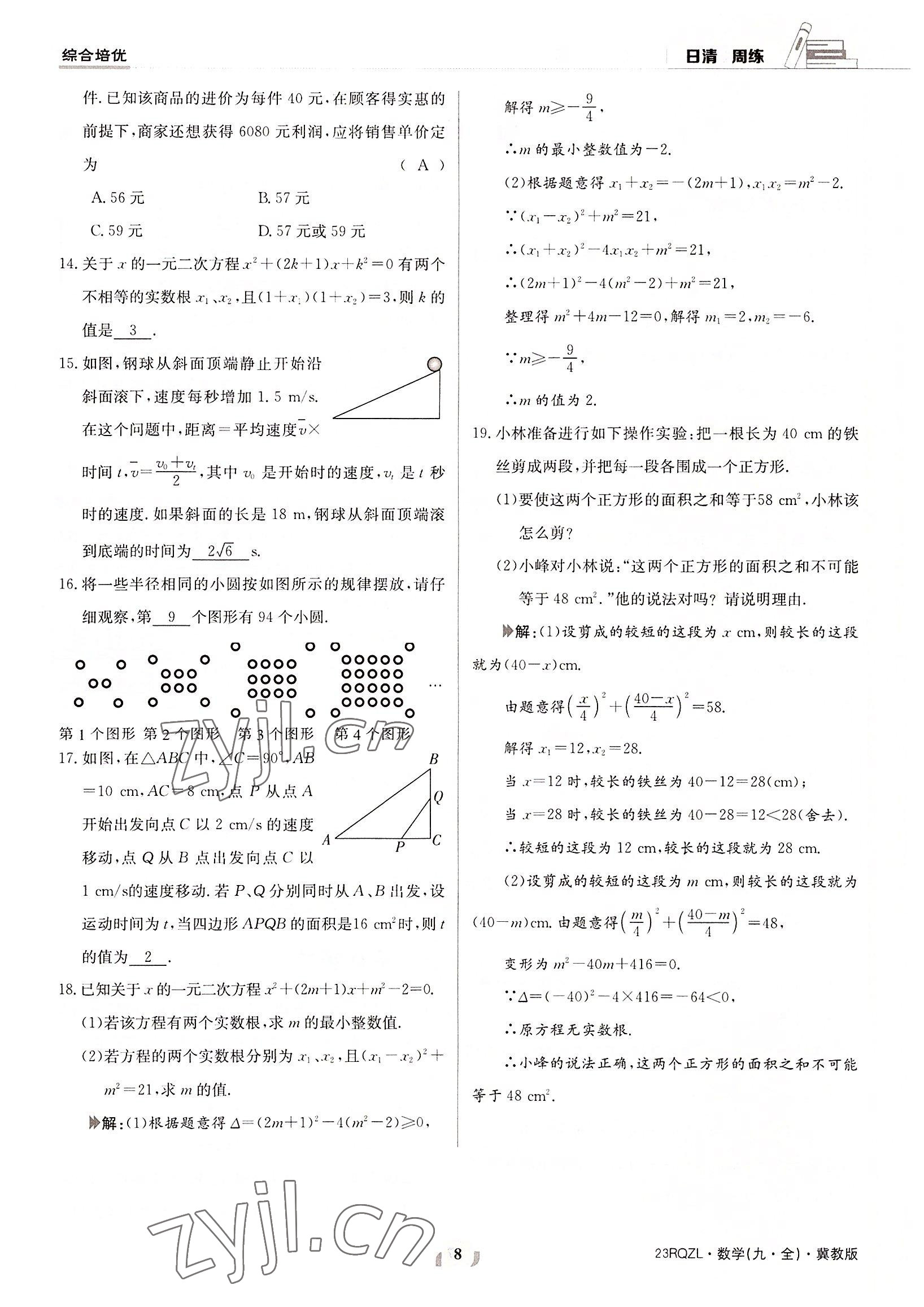 2022年日清周練九年級數(shù)學(xué)全一冊冀教版 參考答案第8頁