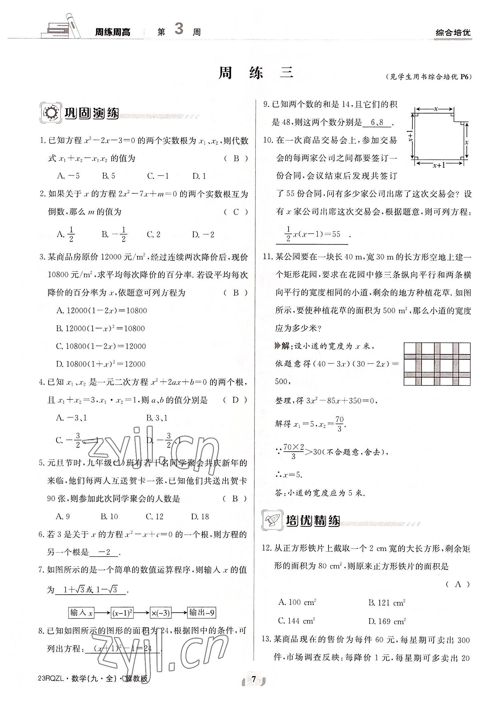 2022年日清周練九年級數(shù)學(xué)全一冊冀教版 參考答案第7頁