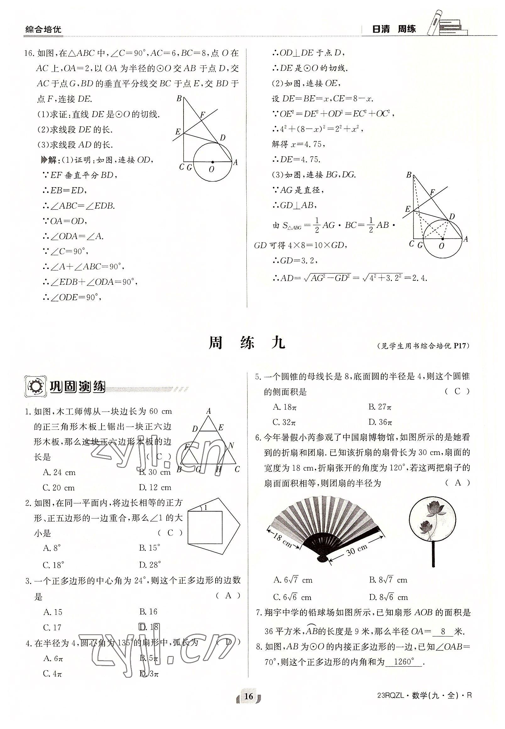 2022年日清周練九年級(jí)數(shù)學(xué)全一冊人教版 參考答案第16頁