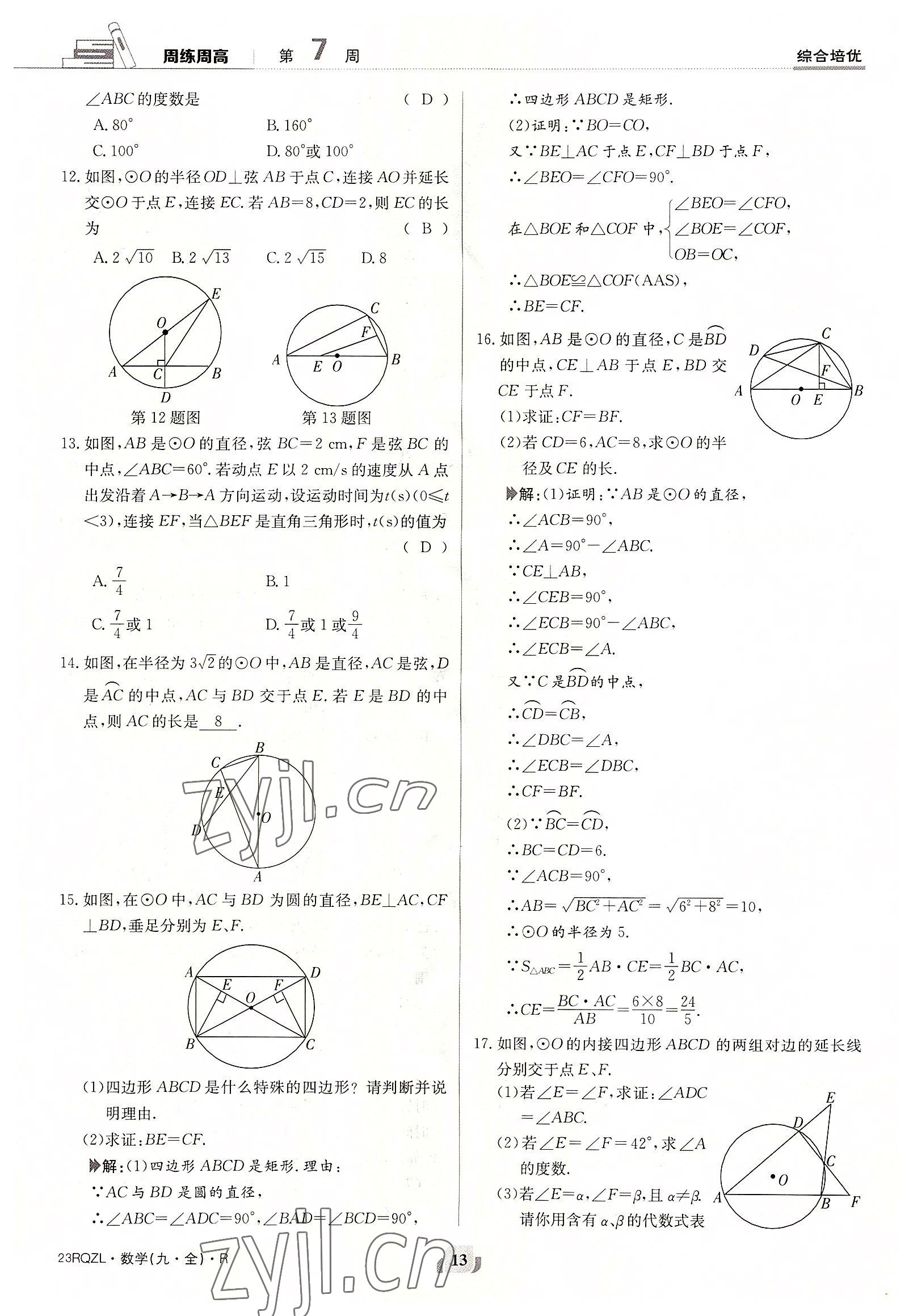 2022年日清周練九年級數(shù)學(xué)全一冊人教版 參考答案第13頁