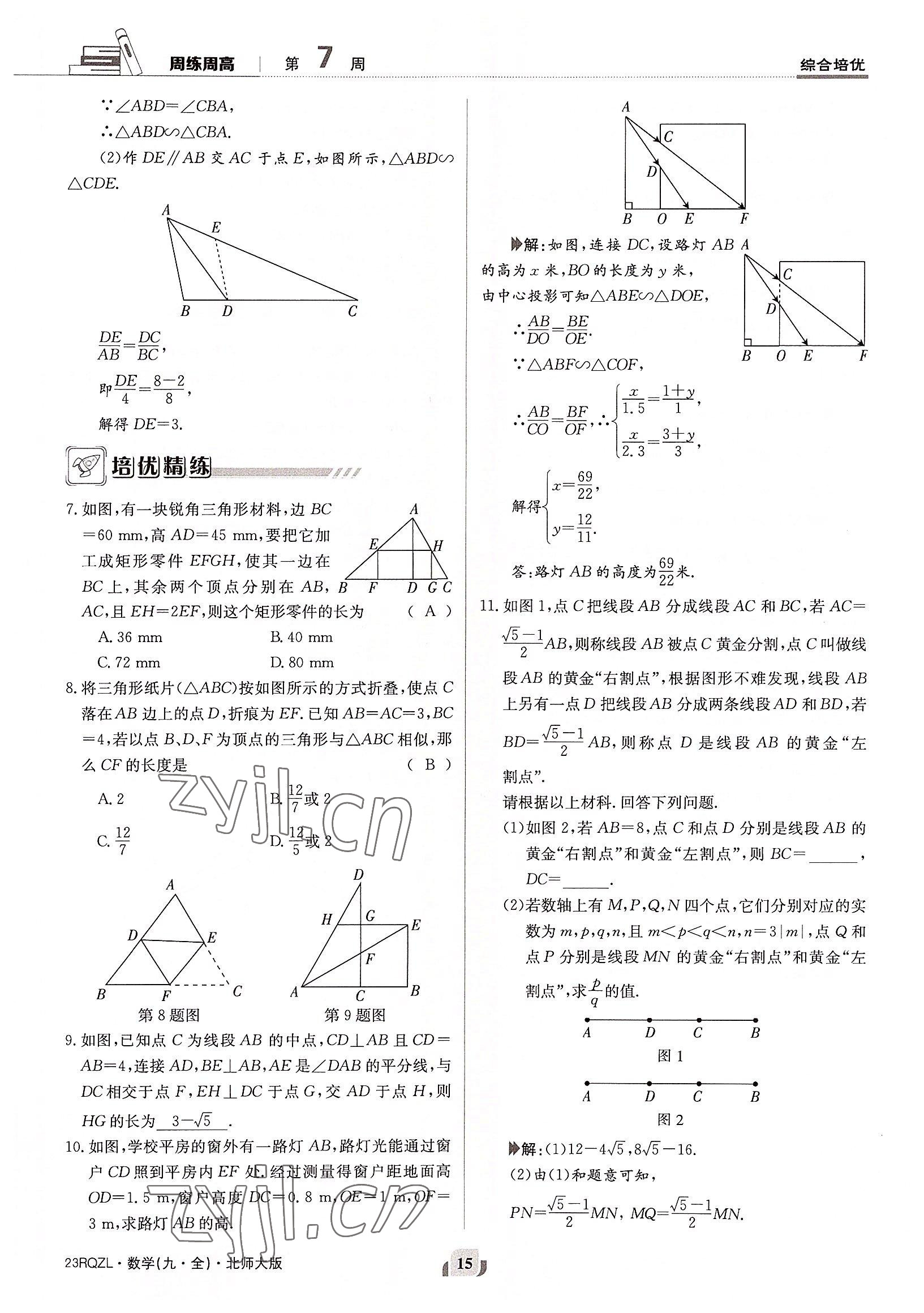 2022年日清周練九年級數(shù)學(xué)全一冊北師大版 參考答案第15頁