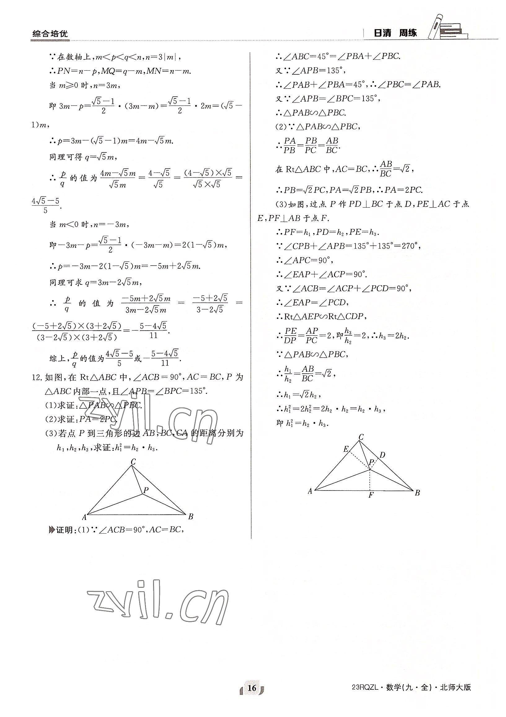 2022年日清周練九年級數(shù)學(xué)全一冊北師大版 參考答案第16頁