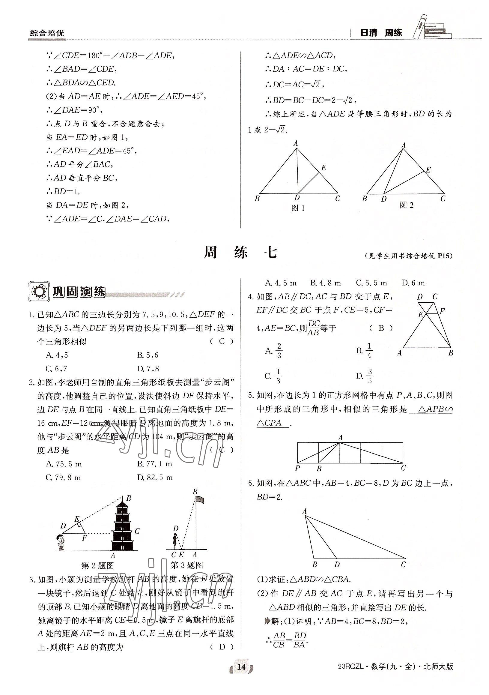 2022年日清周練九年級(jí)數(shù)學(xué)全一冊(cè)北師大版 參考答案第14頁(yè)