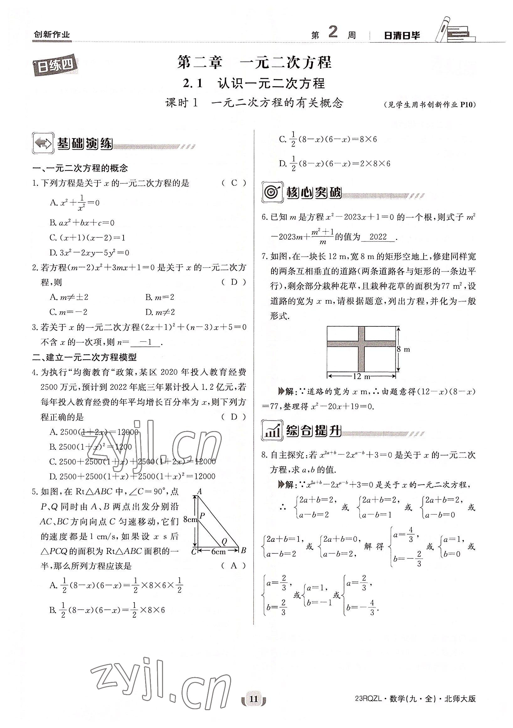 2022年日清周練九年級(jí)數(shù)學(xué)全一冊(cè)北師大版 參考答案第11頁(yè)