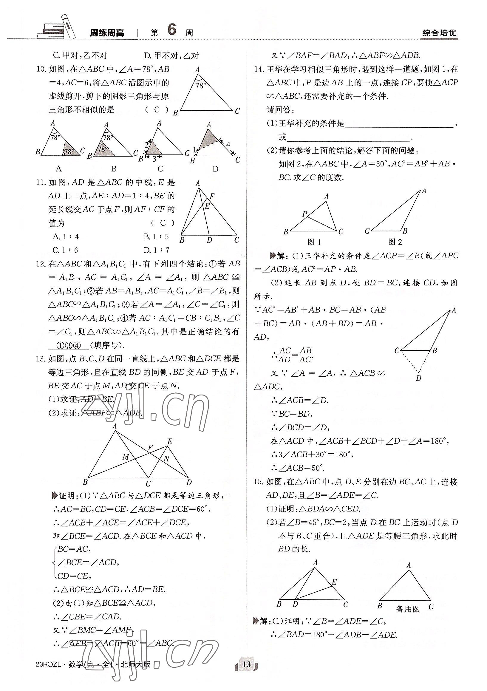 2022年日清周練九年級數(shù)學(xué)全一冊北師大版 參考答案第13頁