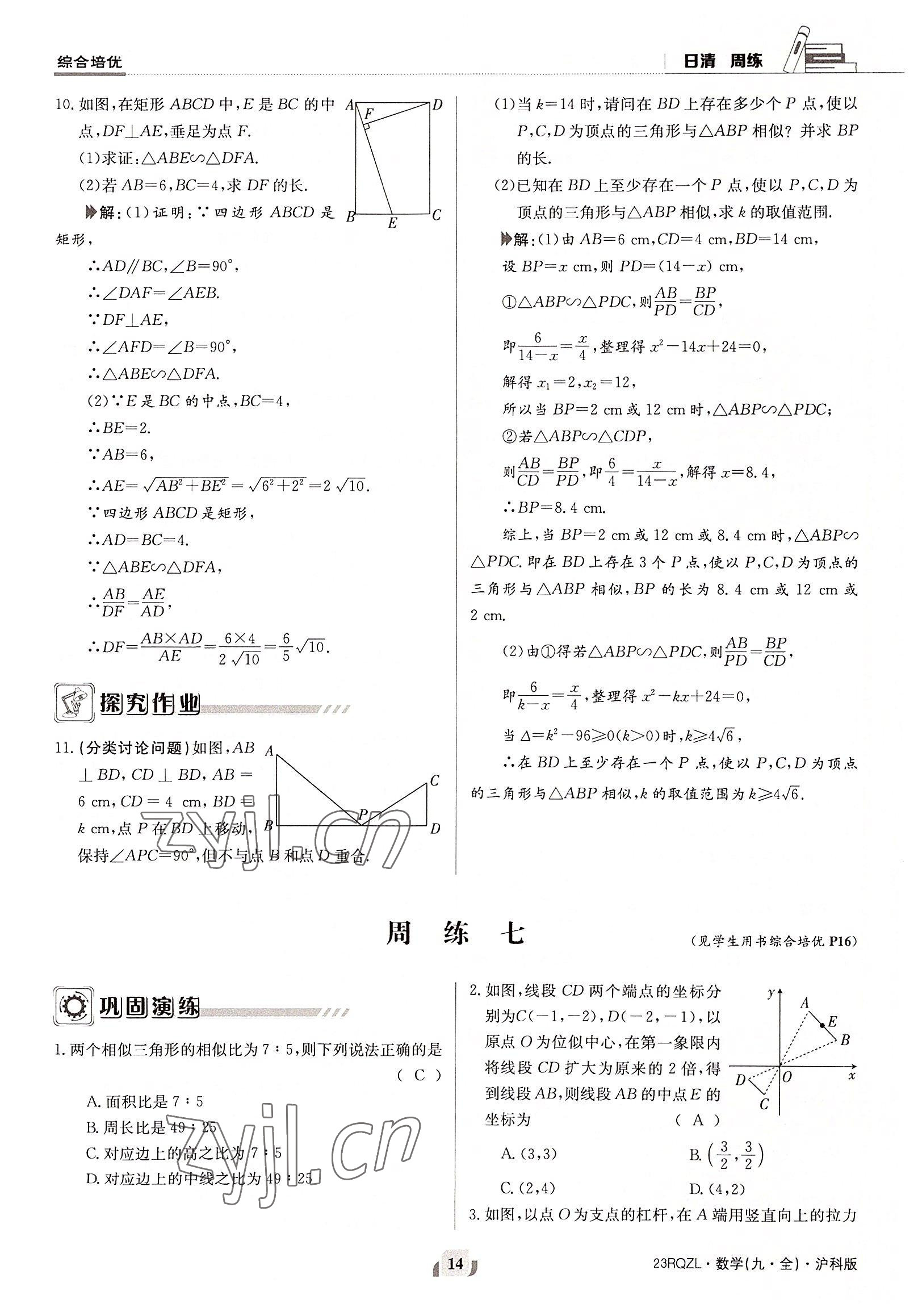 2022年日清周練九年級數(shù)學全一冊滬科版 參考答案第14頁