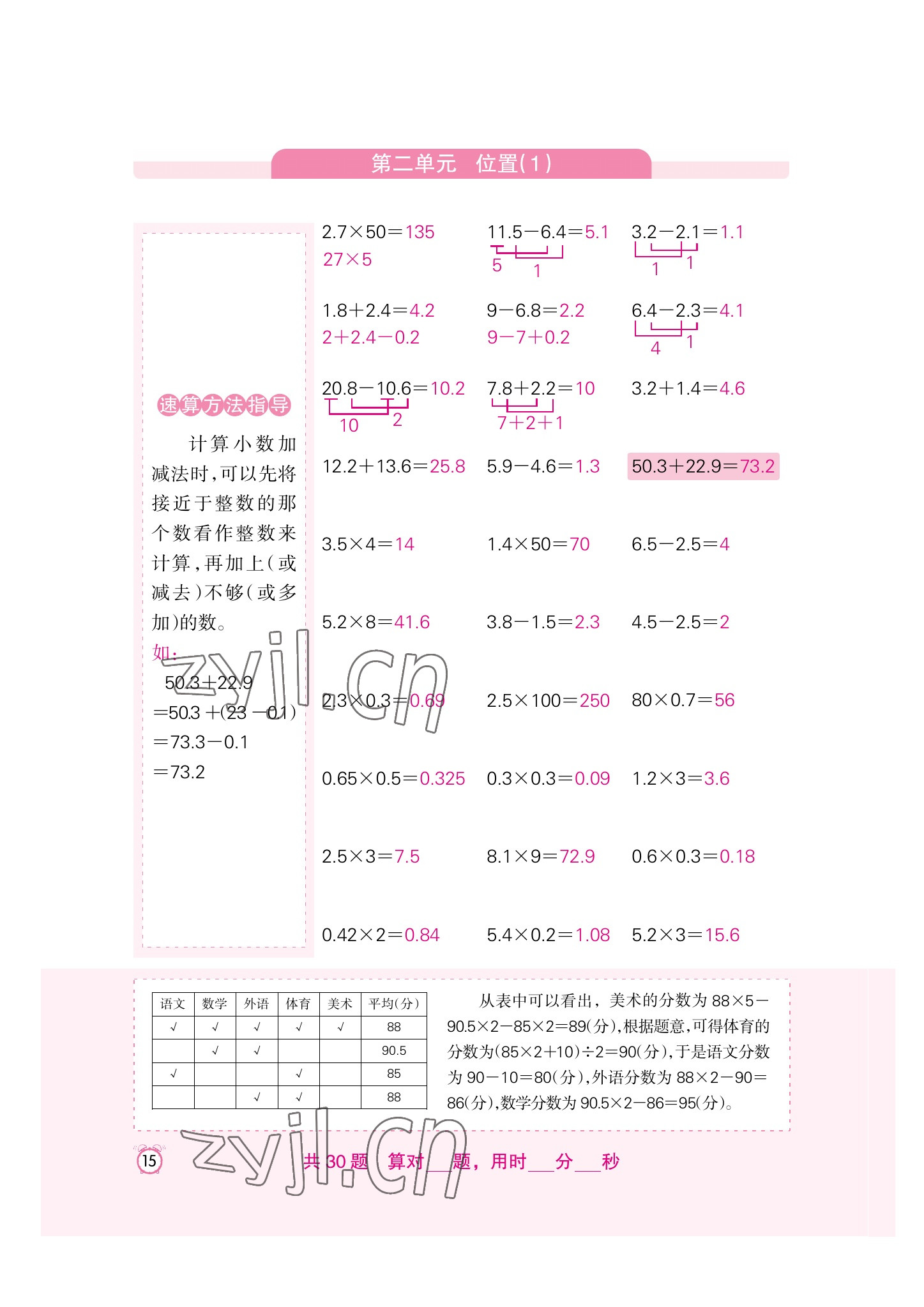 2022年口算速算天天練新疆青少年出版社五年級(jí)數(shù)學(xué)上冊(cè)人教版 參考答案第15頁