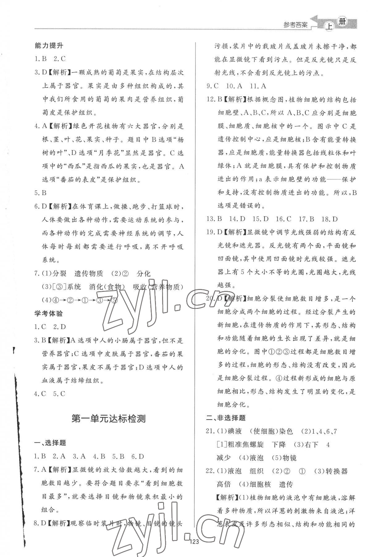 2022年初中同步练习册七年级生物学上册济南版济南出版社 参考答案第4页