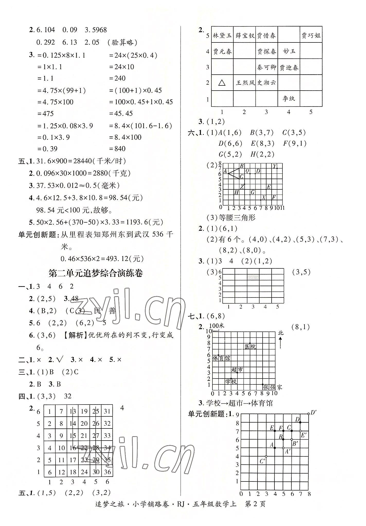 2022年追夢之旅鋪路卷五年級數學上冊人教版河南專版 參考答案第2頁