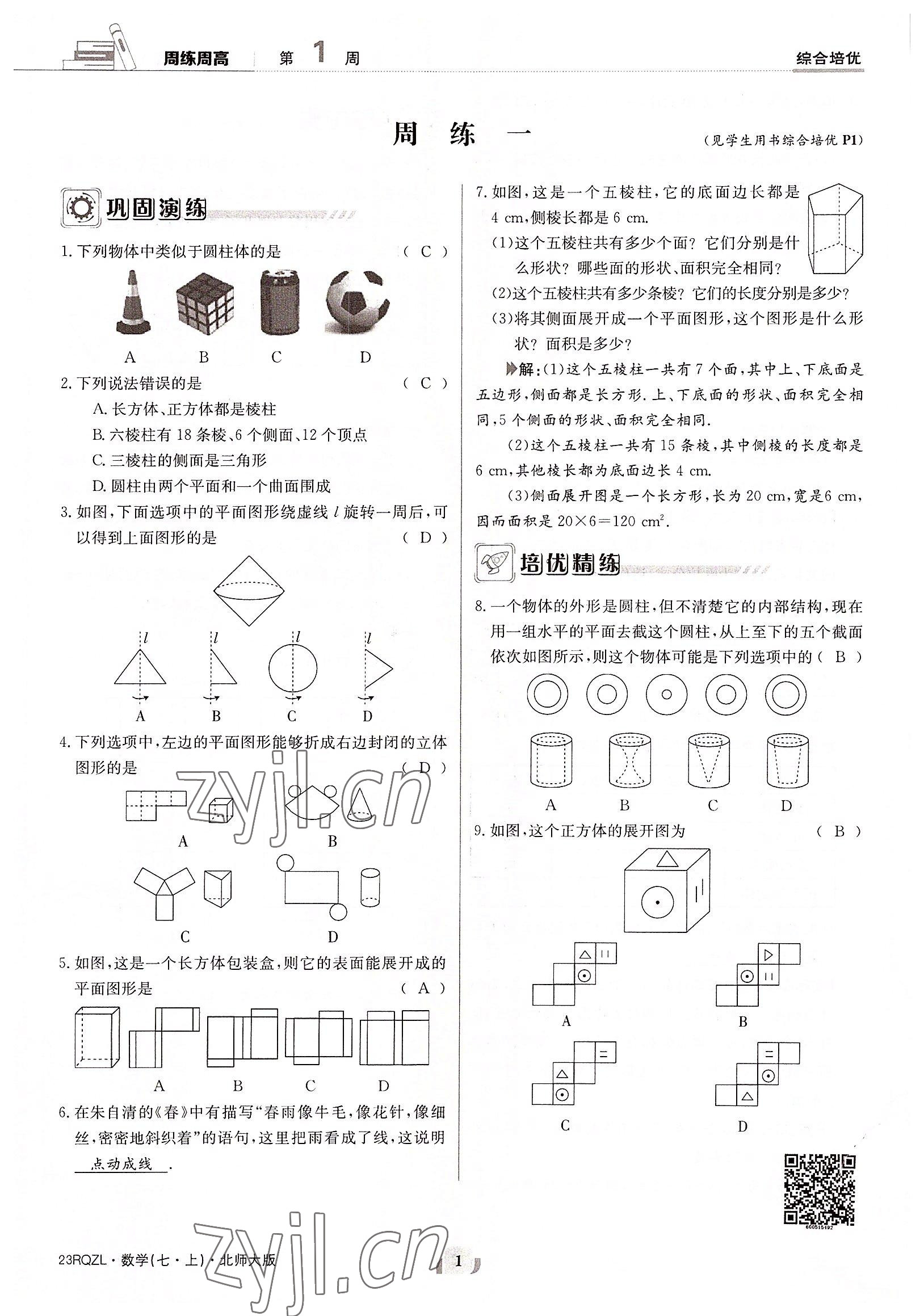 2022年日清周练七年级数学上册北师大版 参考答案第1页