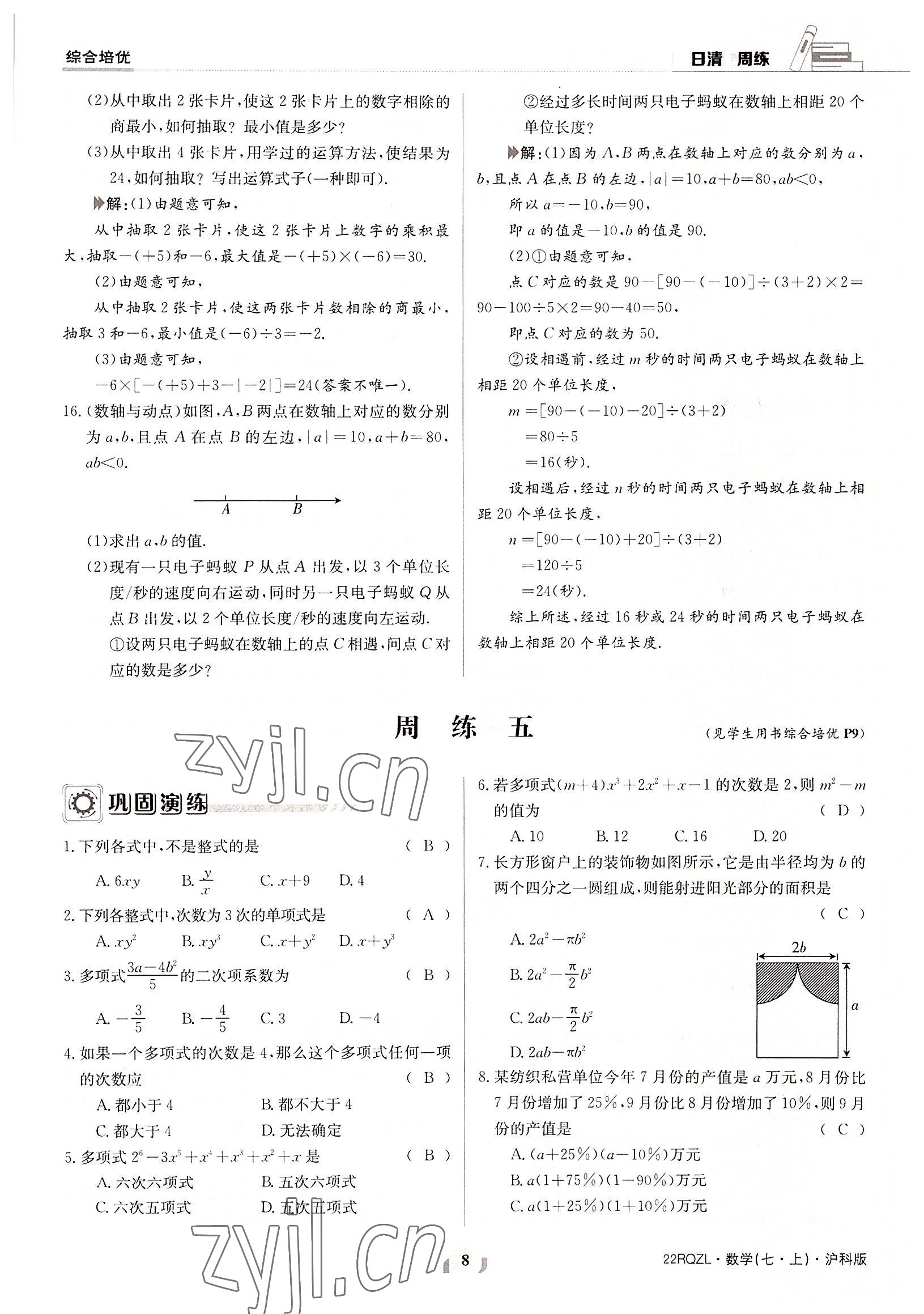 2022年日清周練七年級(jí)數(shù)學(xué)上冊(cè)滬科版 參考答案第8頁