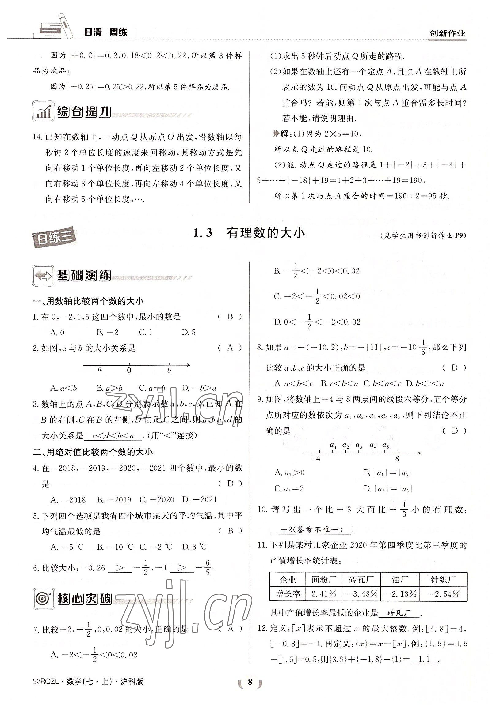 2022年日清周練七年級(jí)數(shù)學(xué)上冊(cè)滬科版 參考答案第8頁