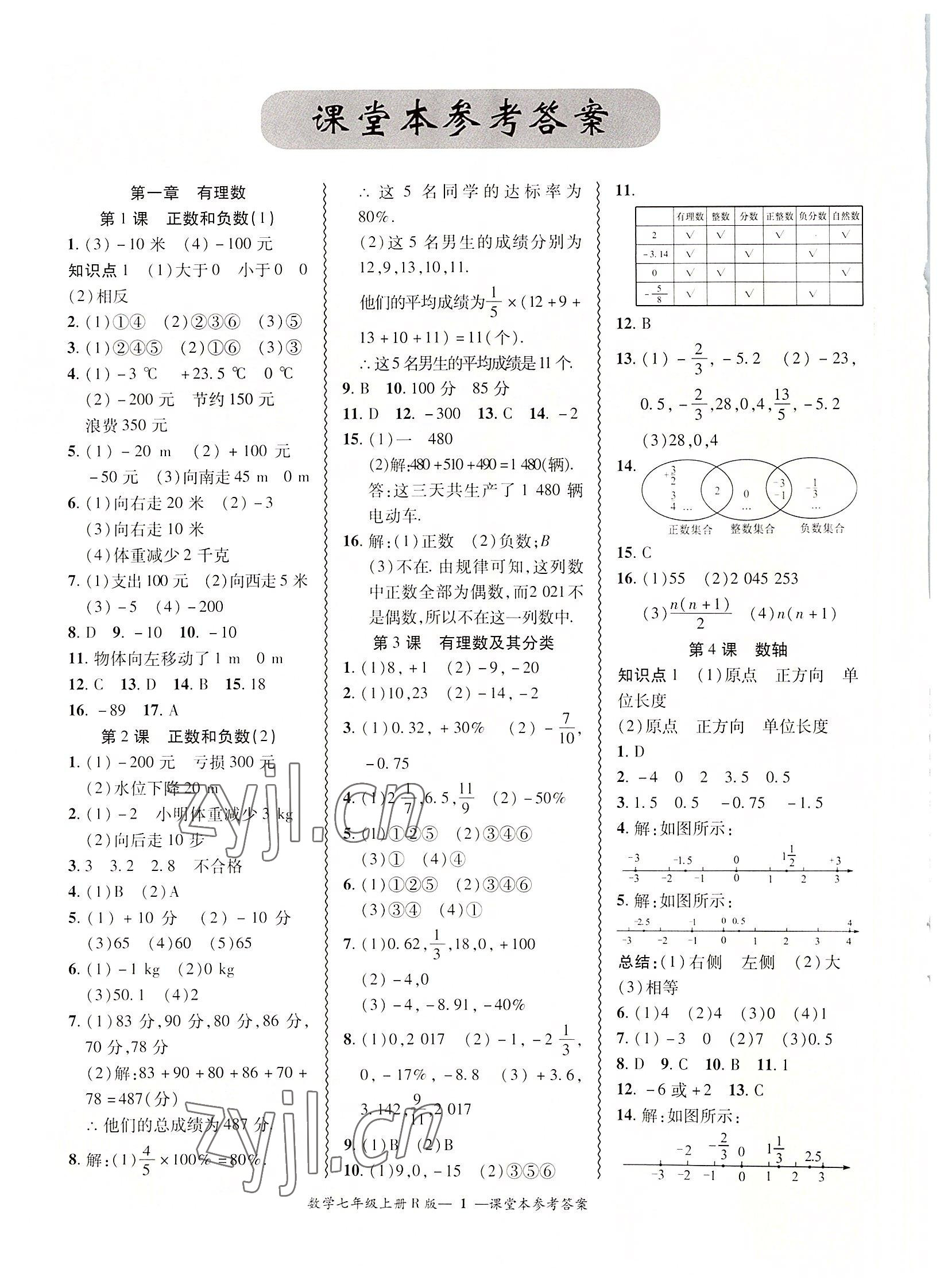 2022年零障碍导教导学案七年级数学上册人教版 参考答案第1页