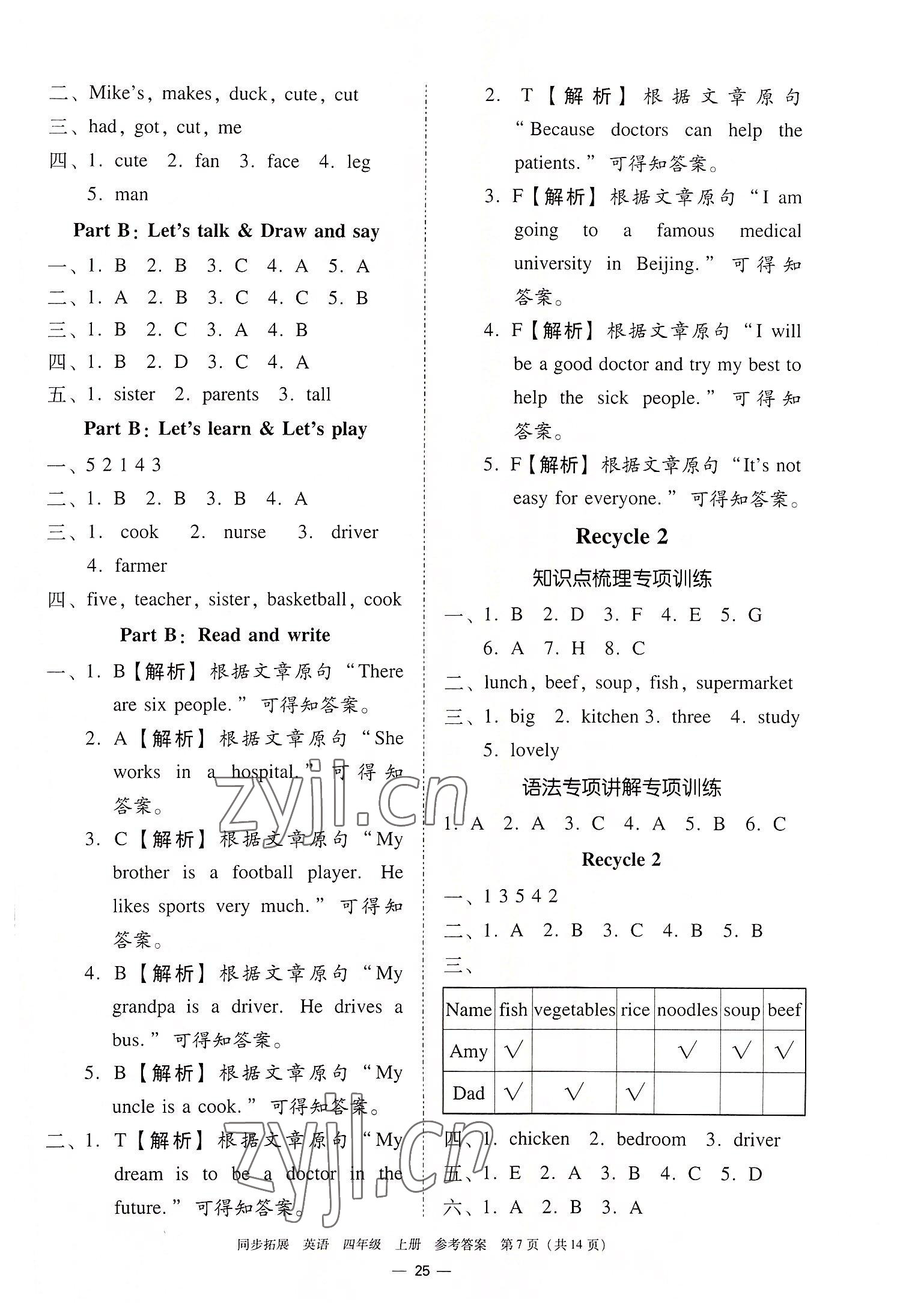 2022年同步拓展四年級(jí)英語(yǔ)上冊(cè)人教版中山專版 參考答案第7頁(yè)