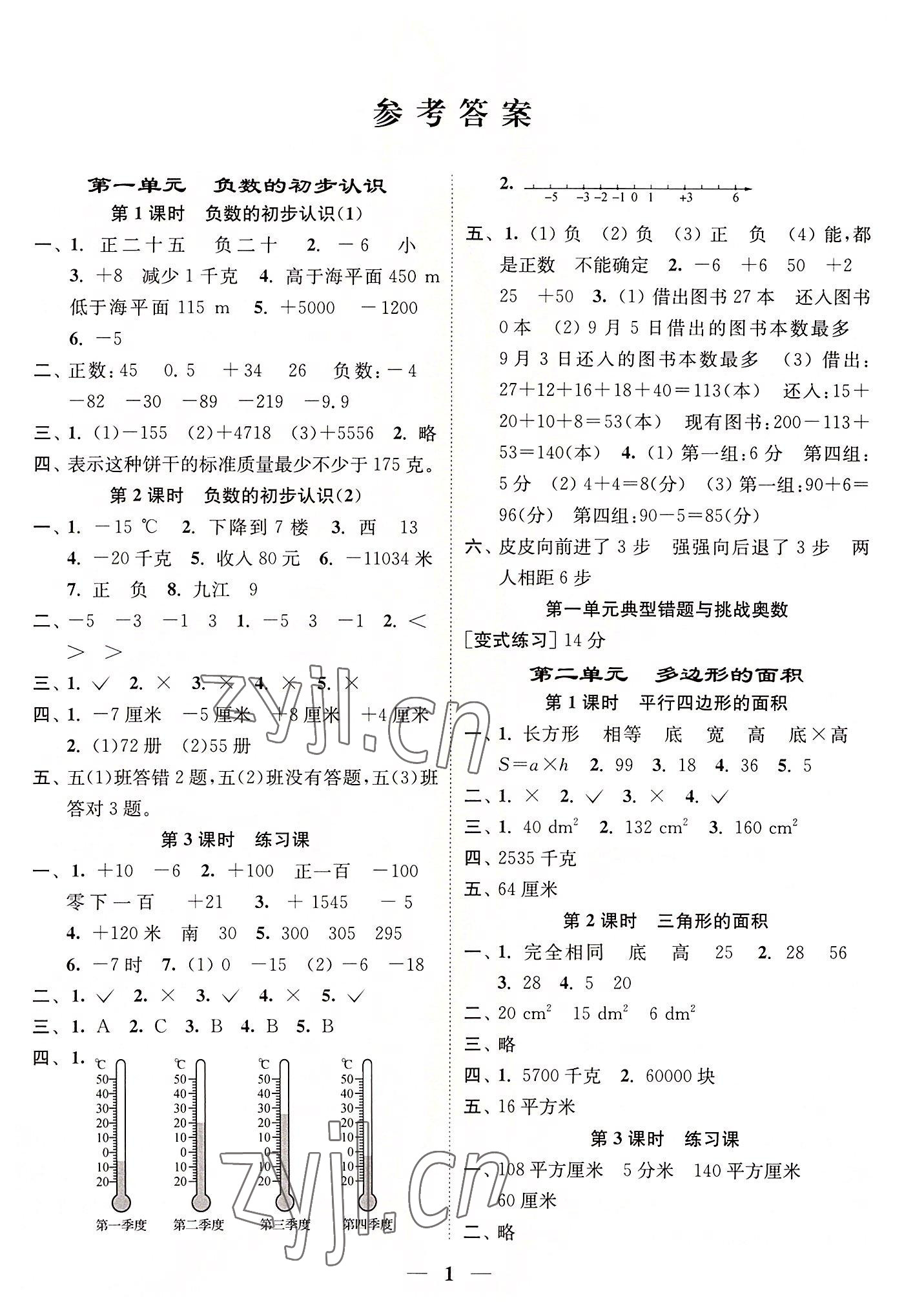 2022年随堂练1加2五年级数学上册江苏版 参考答案第1页