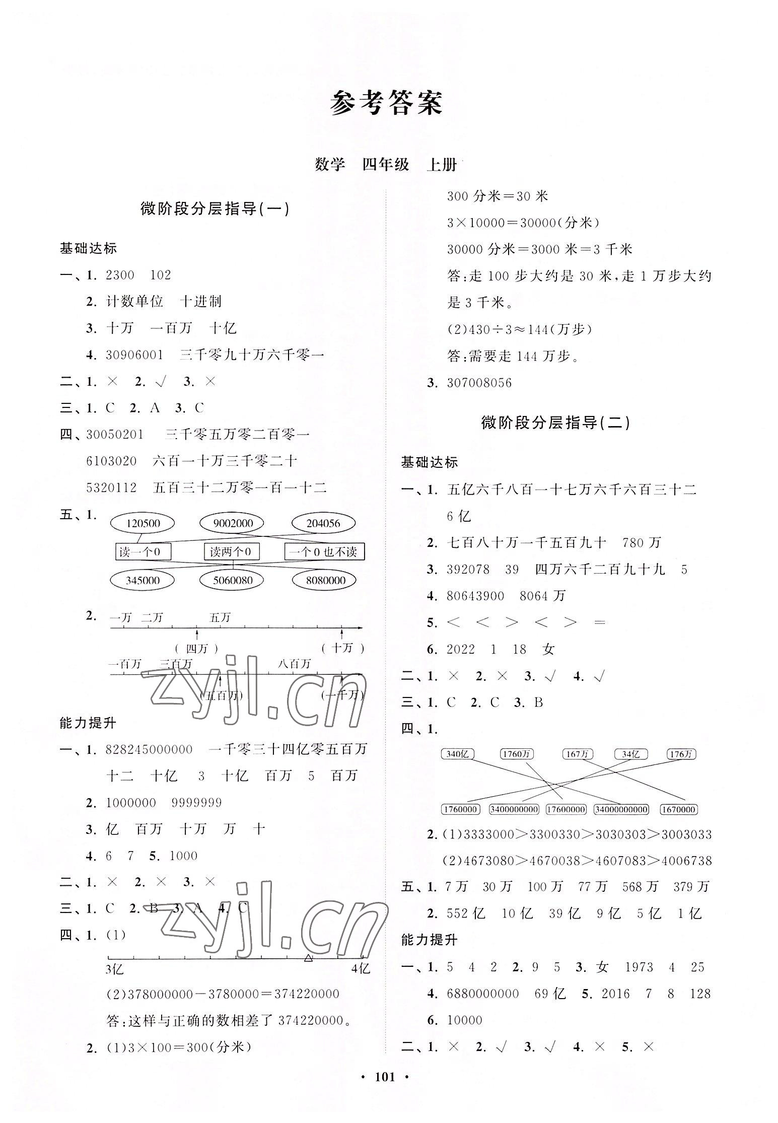 2022年同步練習(xí)冊分層指導(dǎo)四年級數(shù)學(xué)上冊青島版 參考答案第1頁