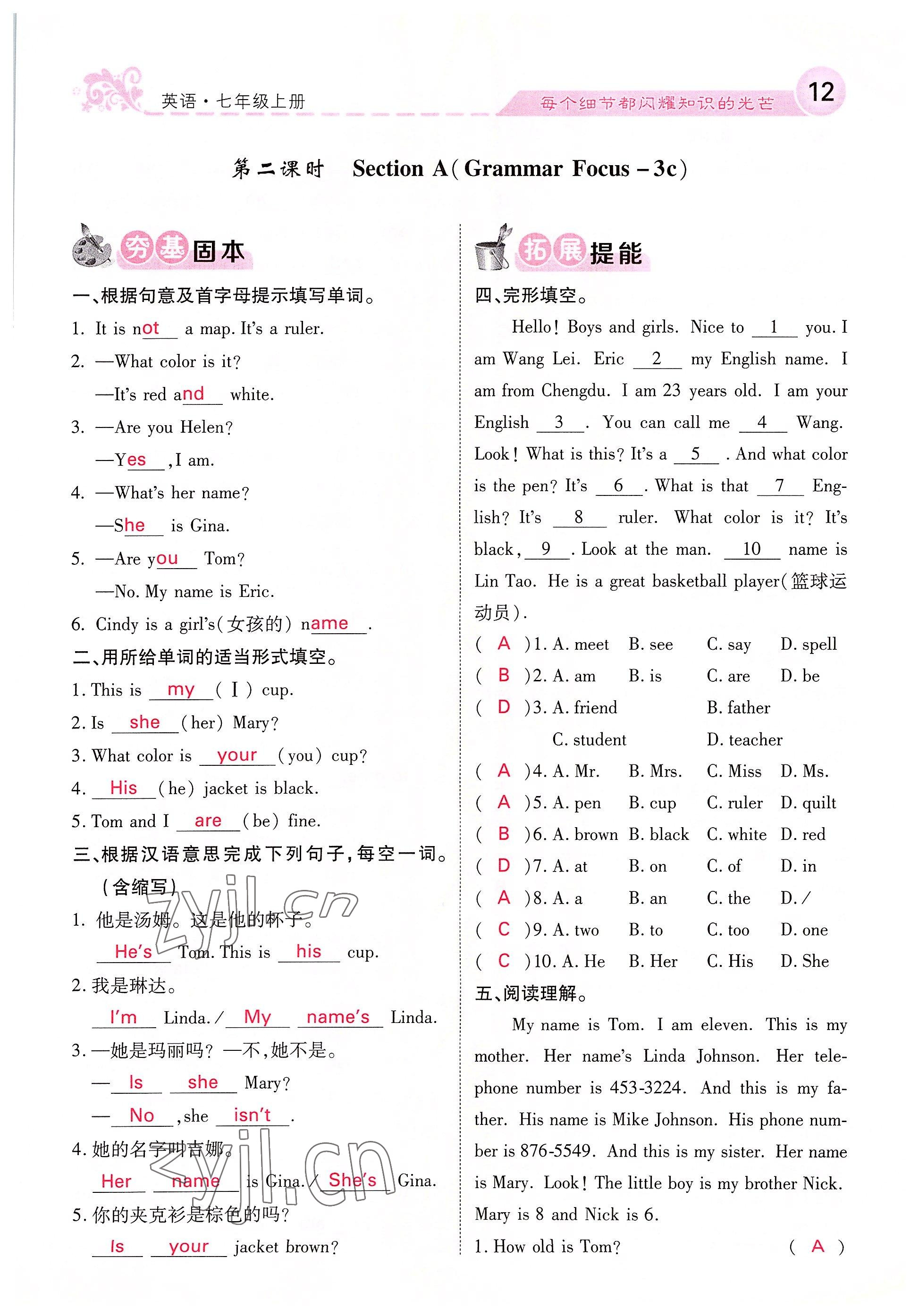 2022年課堂點(diǎn)睛七年級英語上冊人教版四川專版 參考答案第31頁