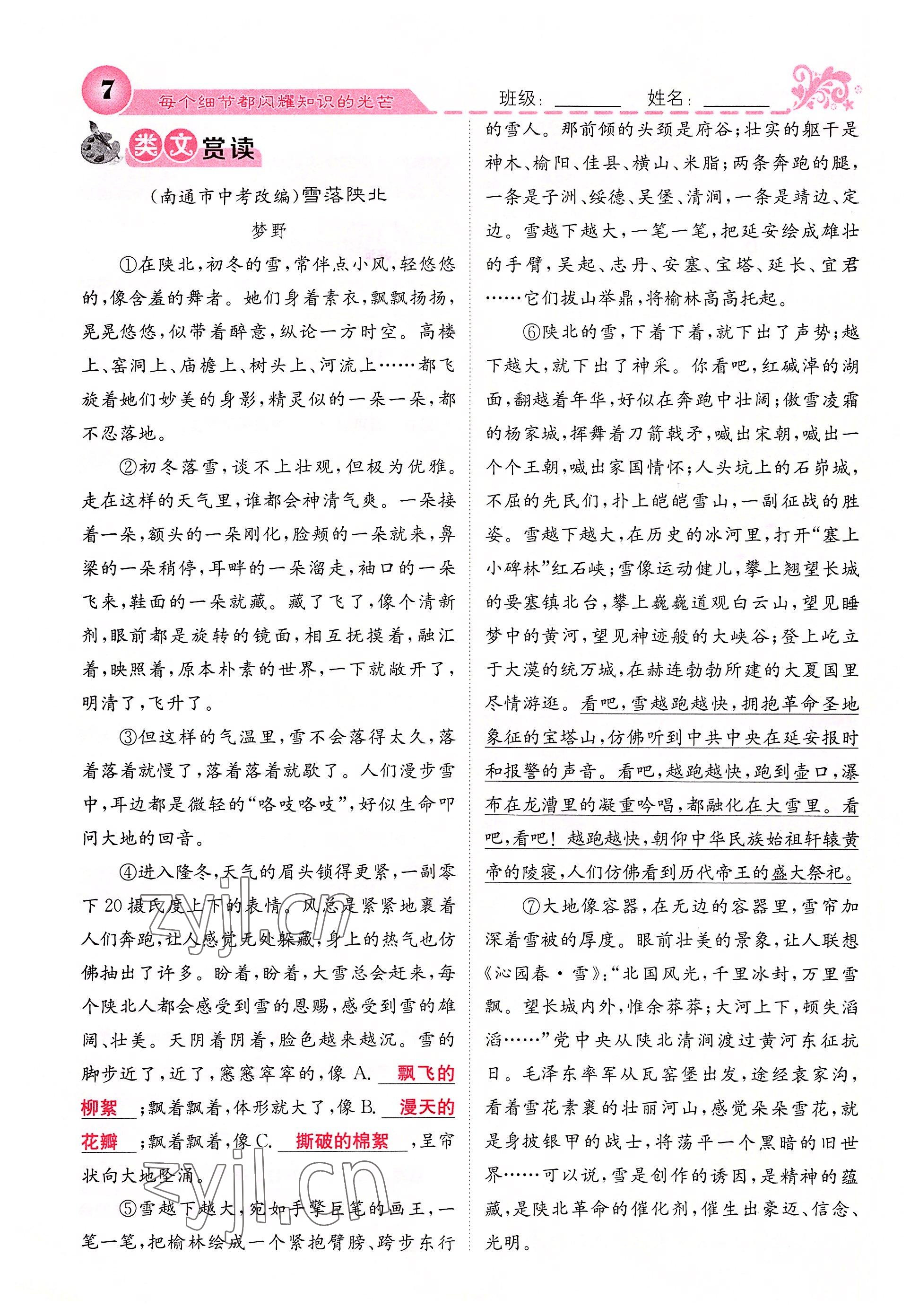 2022年課堂點(diǎn)睛七年級語文上冊人教版四川專版 參考答案第10頁