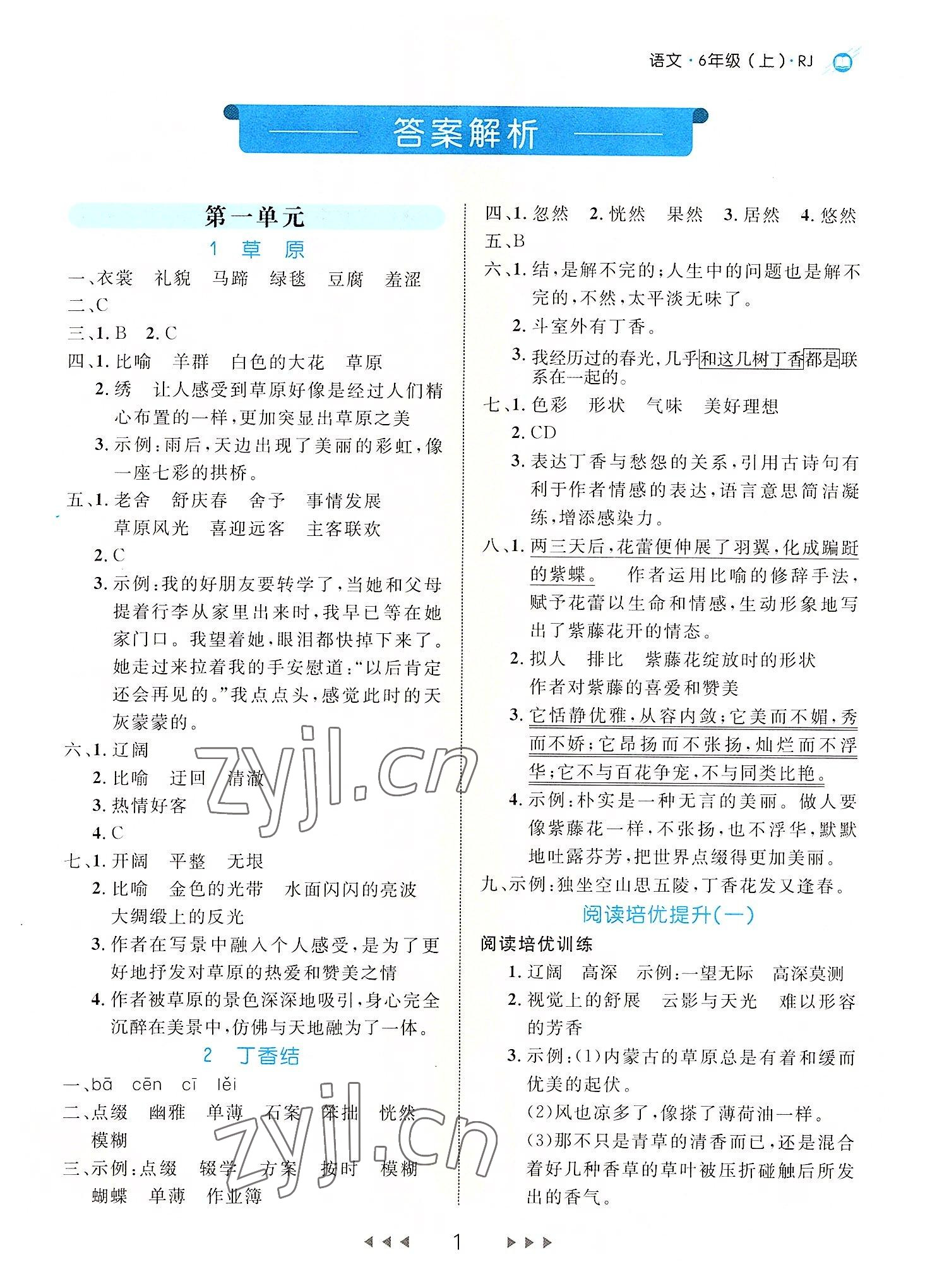 2022年细解巧练六年级语文上册人教版 参考答案第1页